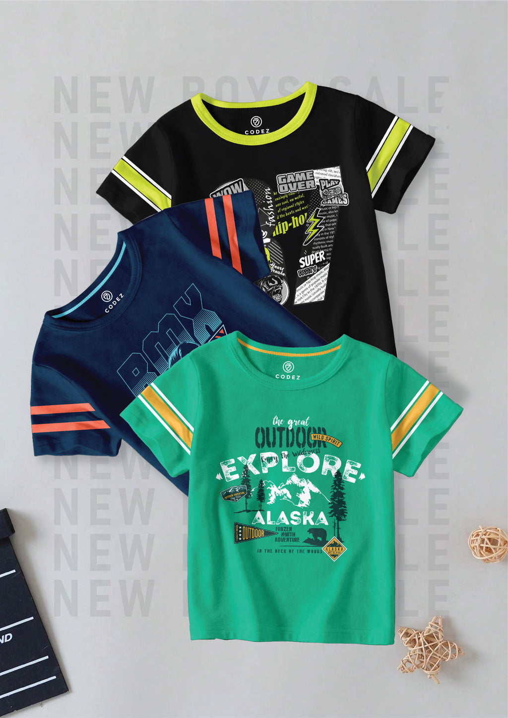 CODEZ Boys Pack Of 3 Round Neck Printed Tshirts