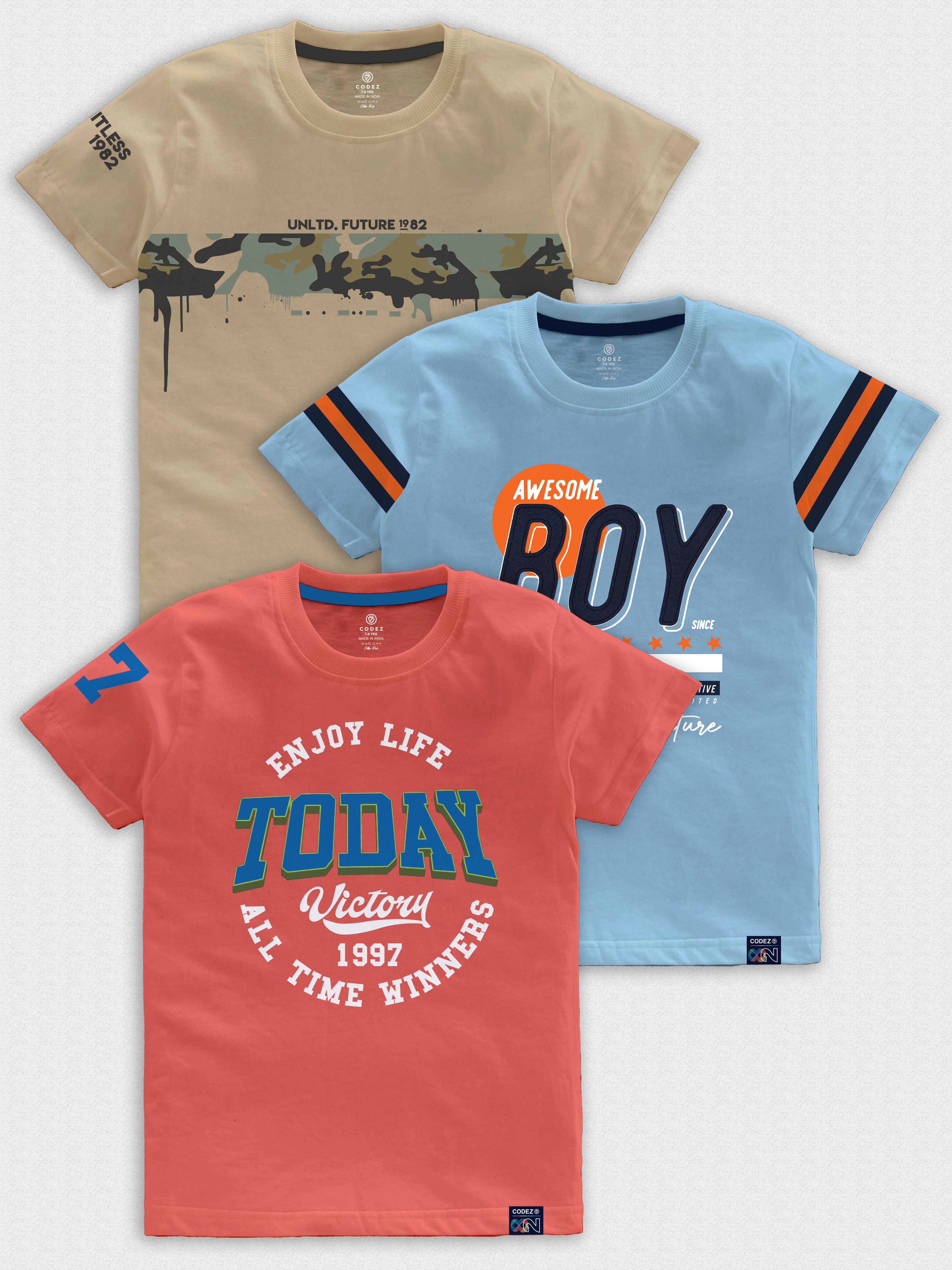 CODEZ Boys Pack Of 3 Round Neck Printed Tshirts