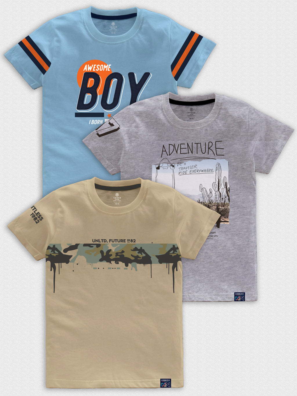 CODEZ Boys Pack Of 3 Round Neck Printed Tshirts