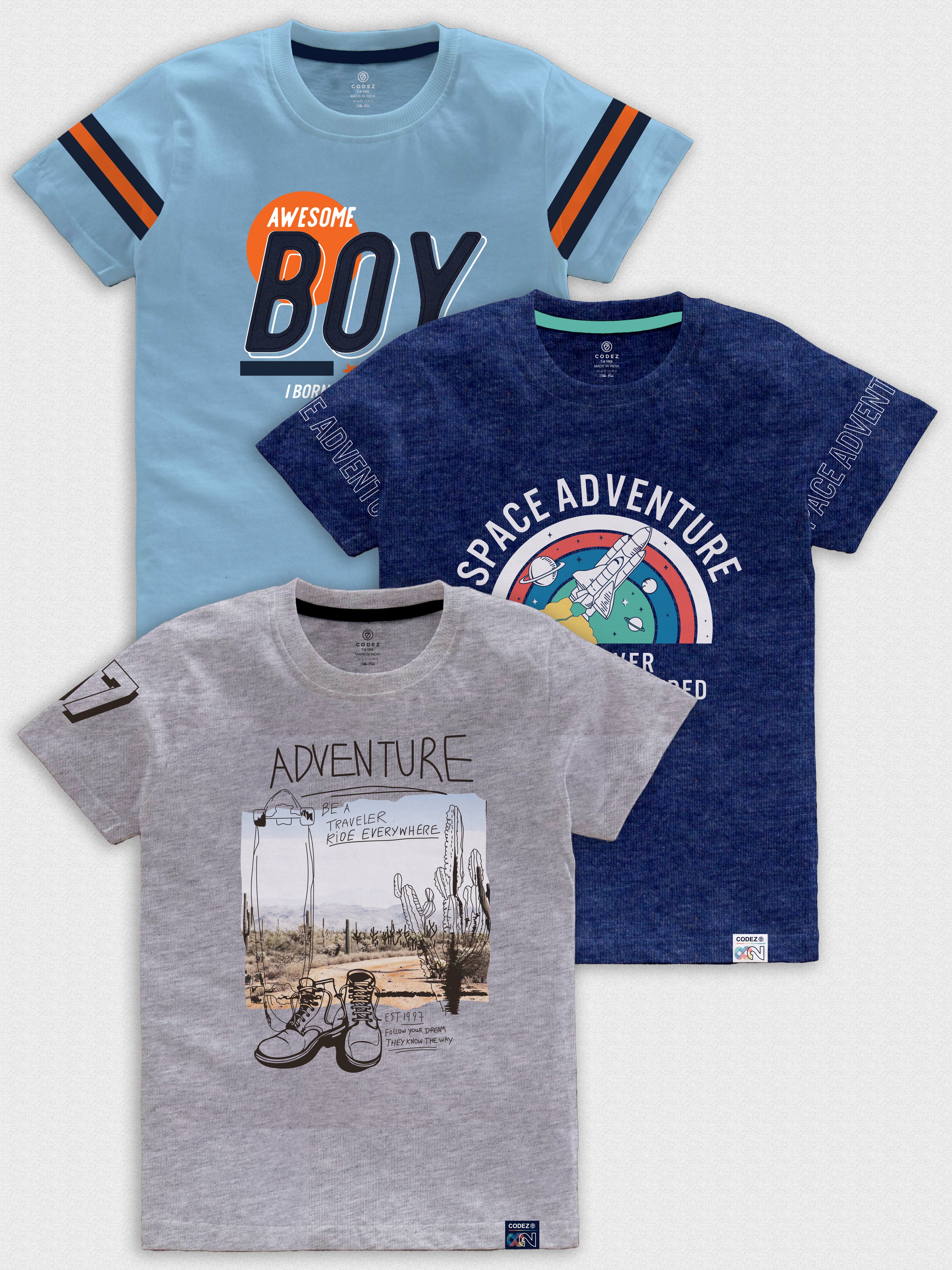CODEZ Boys Pack Of 3 Round Neck Printed Tshirts