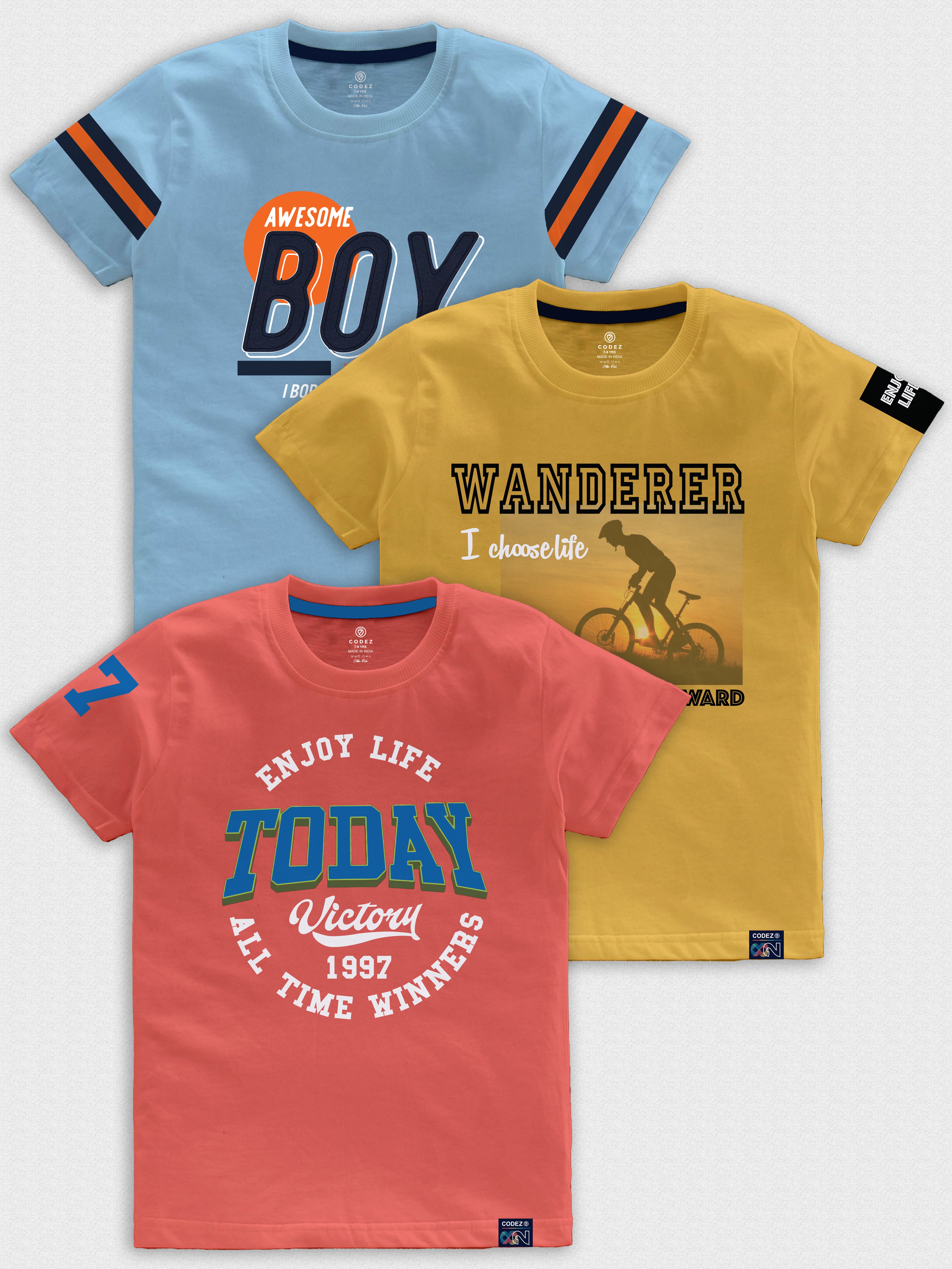 CODEZ Boys Pack Of 3 Round Neck Printed Tshirts