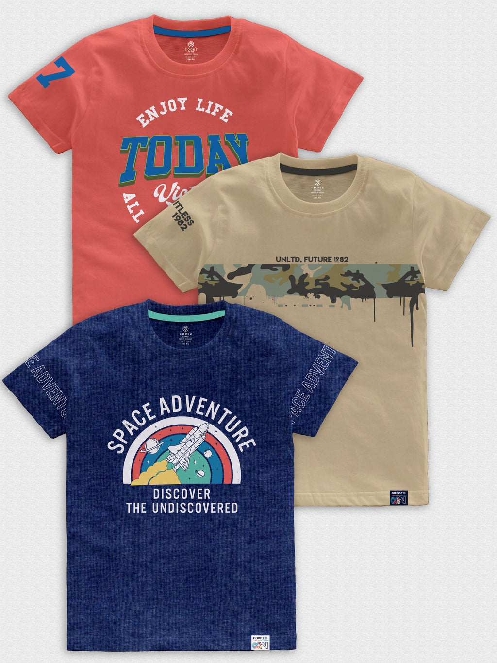 CODEZ Boys Pack Of 3 Round Neck Printed Tshirts
