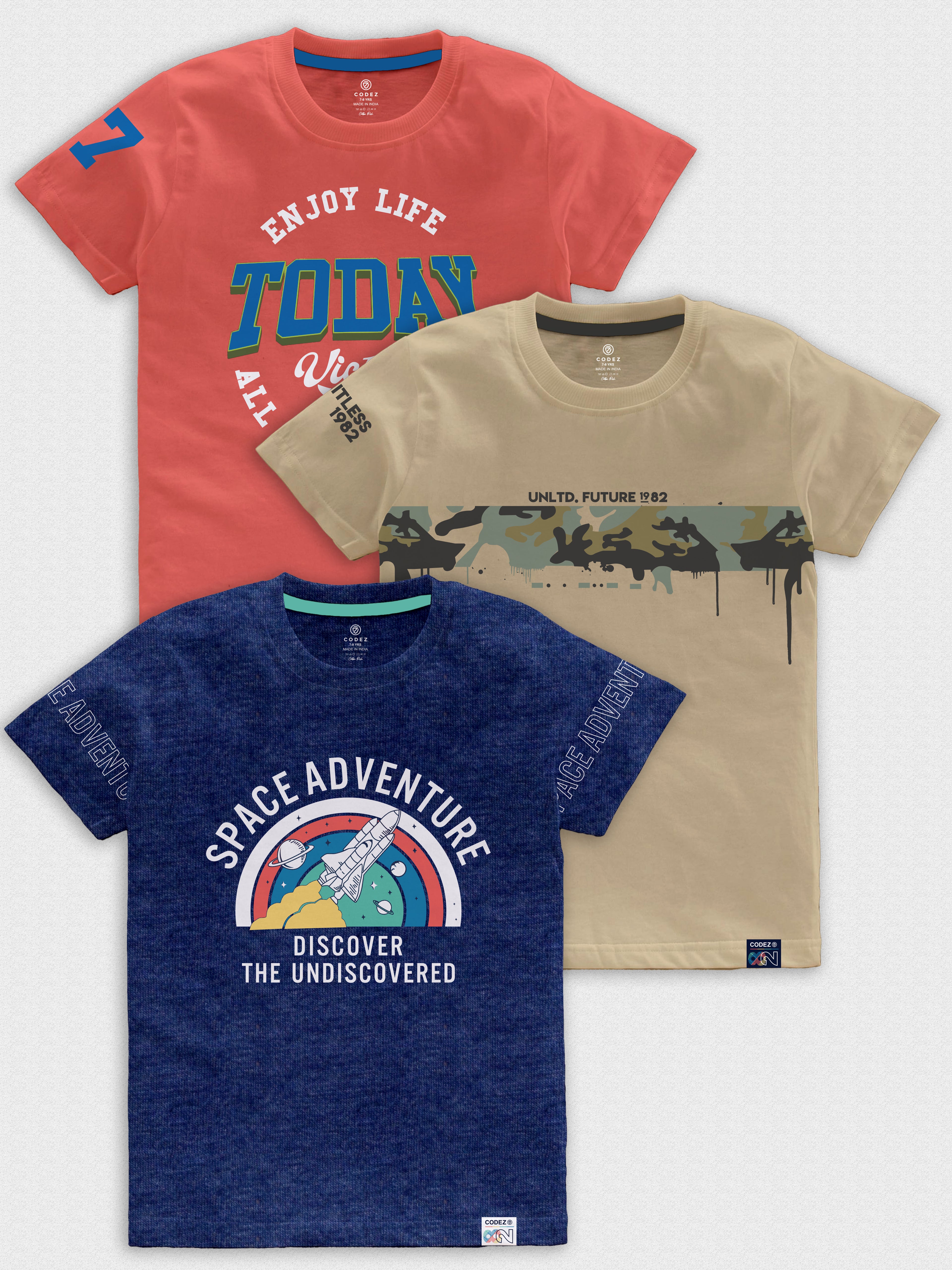 CODEZ Boys Pack Of 3 Round Neck Printed Tshirts