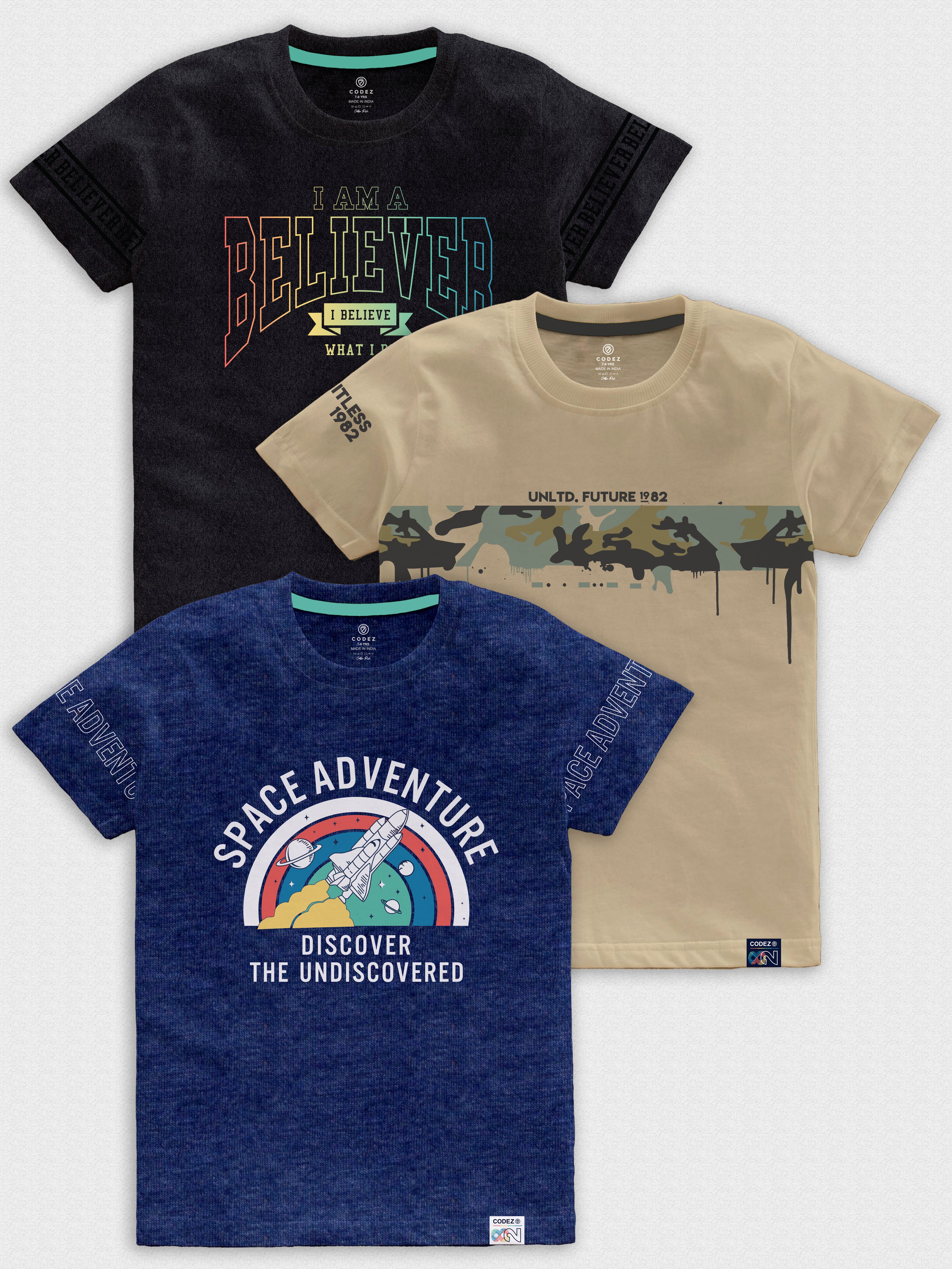 CODEZ Boys Pack Of 3 Round Neck Printed Tshirts