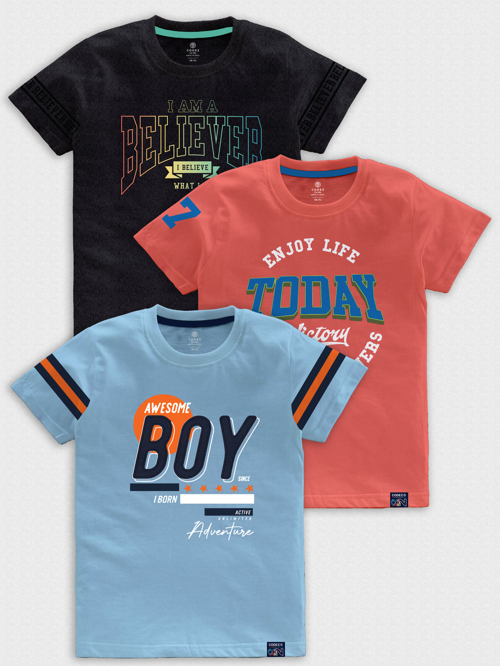CODEZ Boys Pack Of 3 Round Neck Printed Tshirts