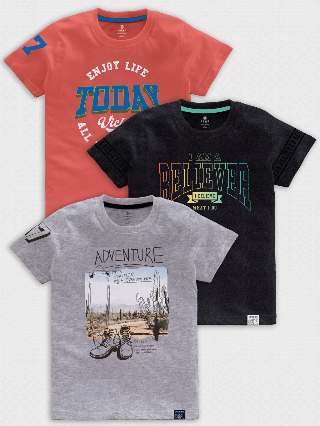 CODEZ Boys Pack Of 3 Round Neck Printed Tshirts