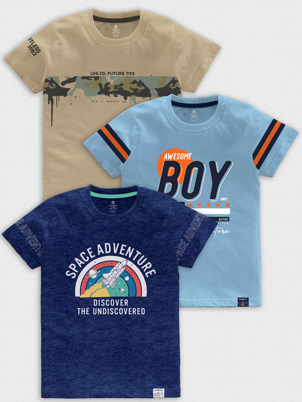 CODEZ Boys Pack Of 3 Round Neck Printed Tshirts