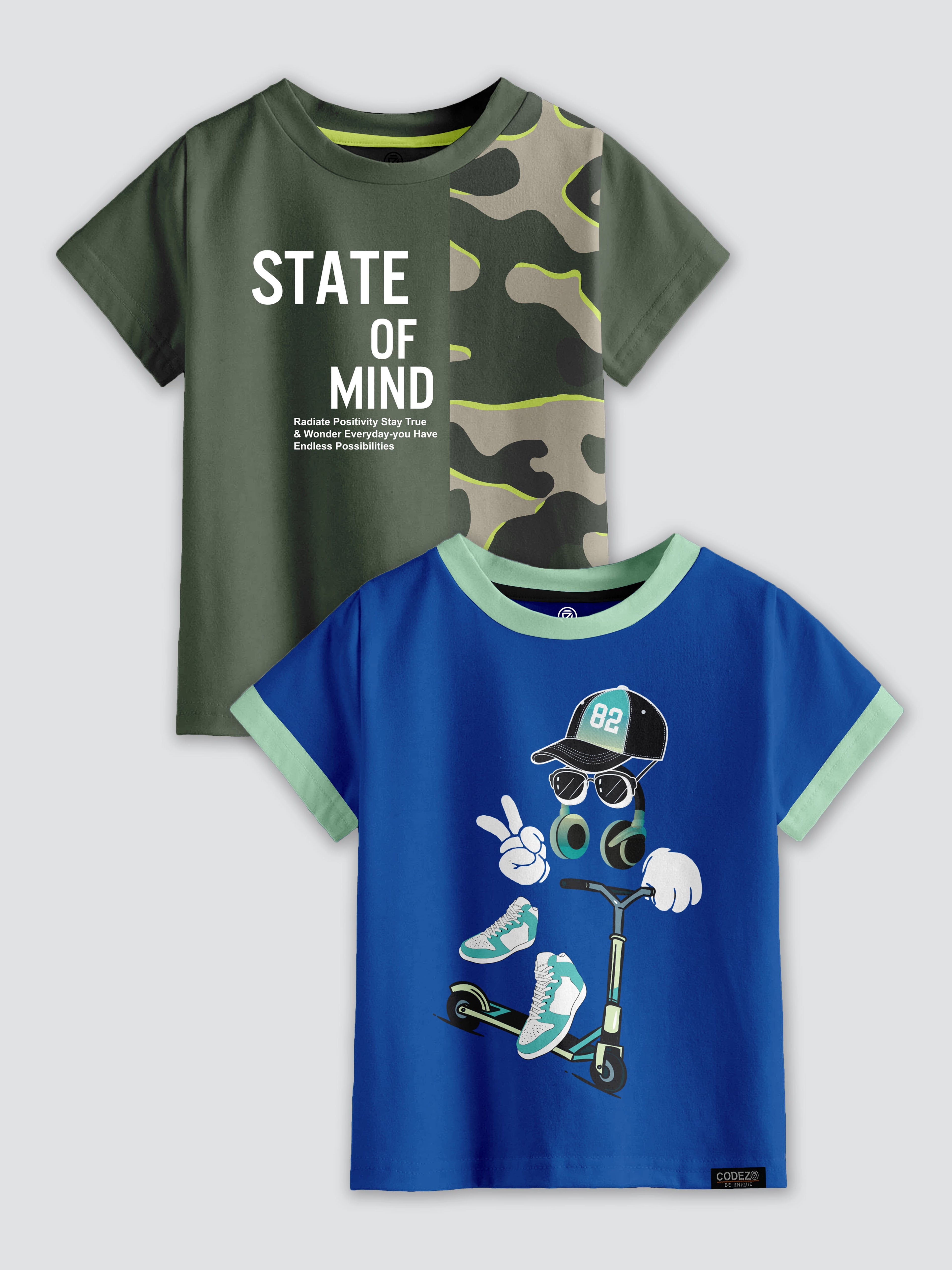 CODEZ Boys Pack Of 2 Round Neck Printed Tshirts
