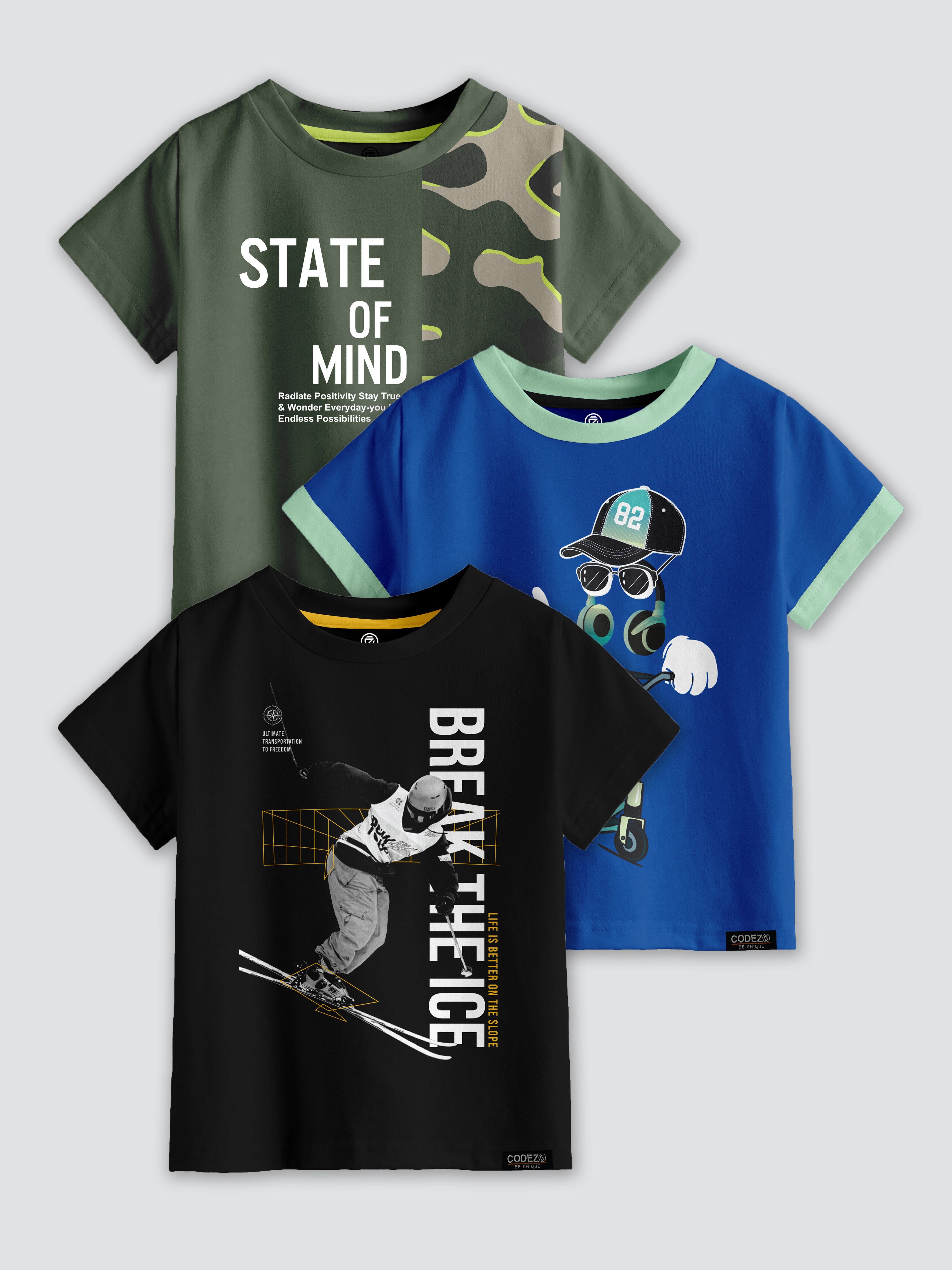 CODEZ Boys Pack Of 3 Round Neck Printed Tshirts