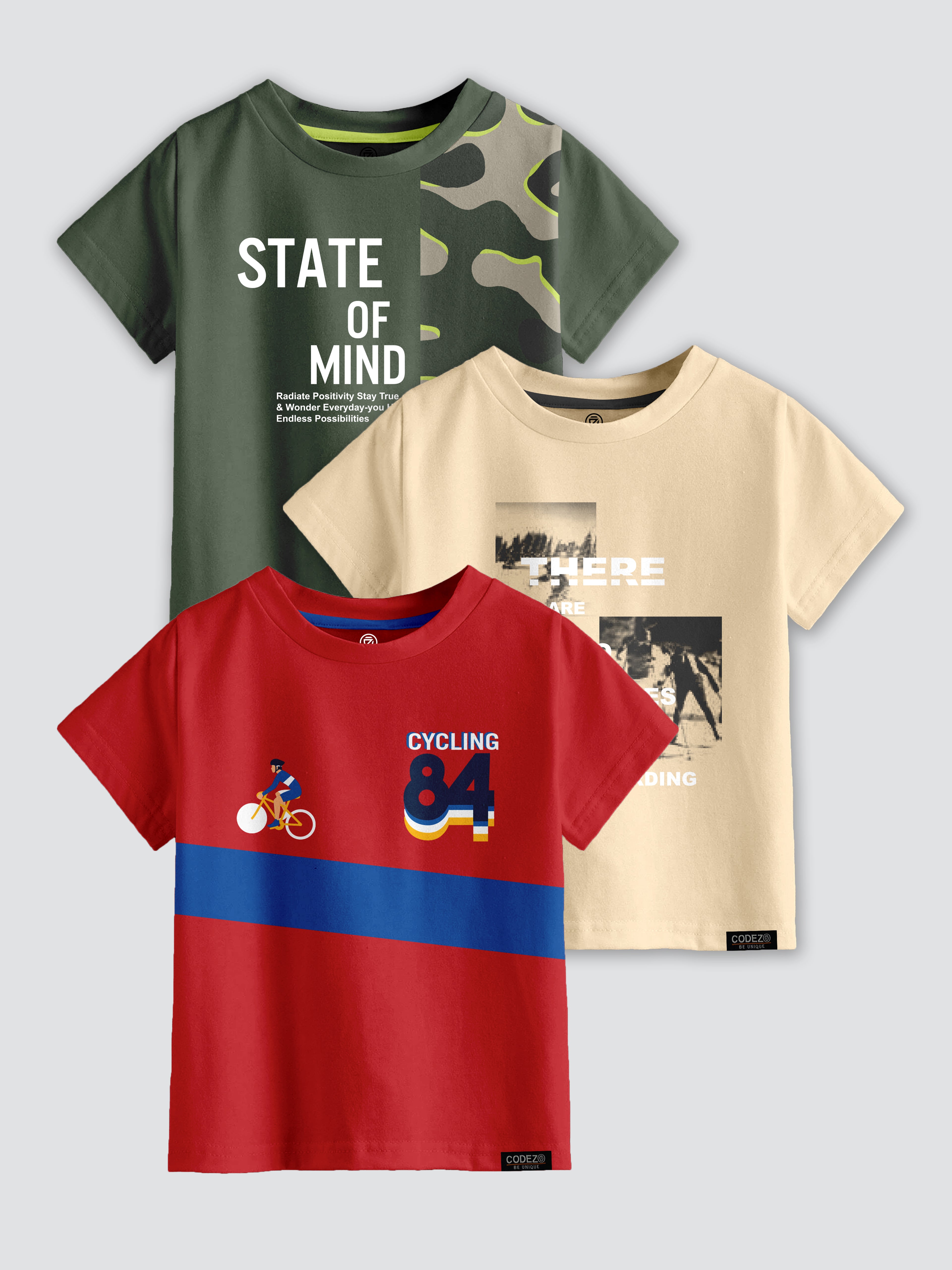 CODEZ Boys Pack Of 3 Round Neck Printed Tshirts