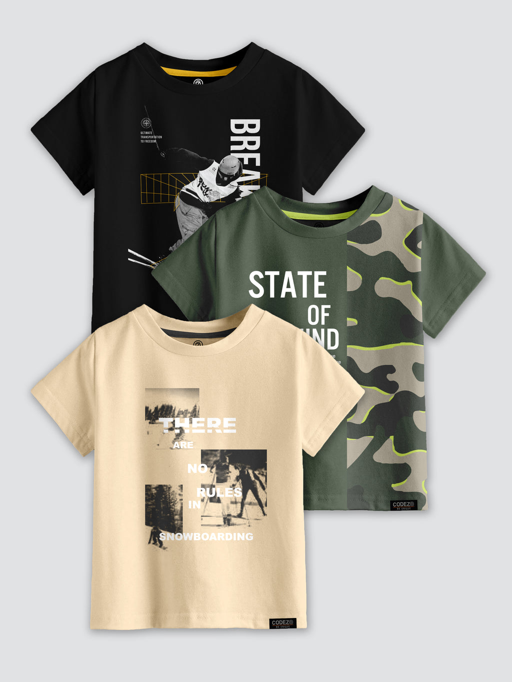 CODEZ Boys Pack Of 3 Round Neck Printed Tshirts