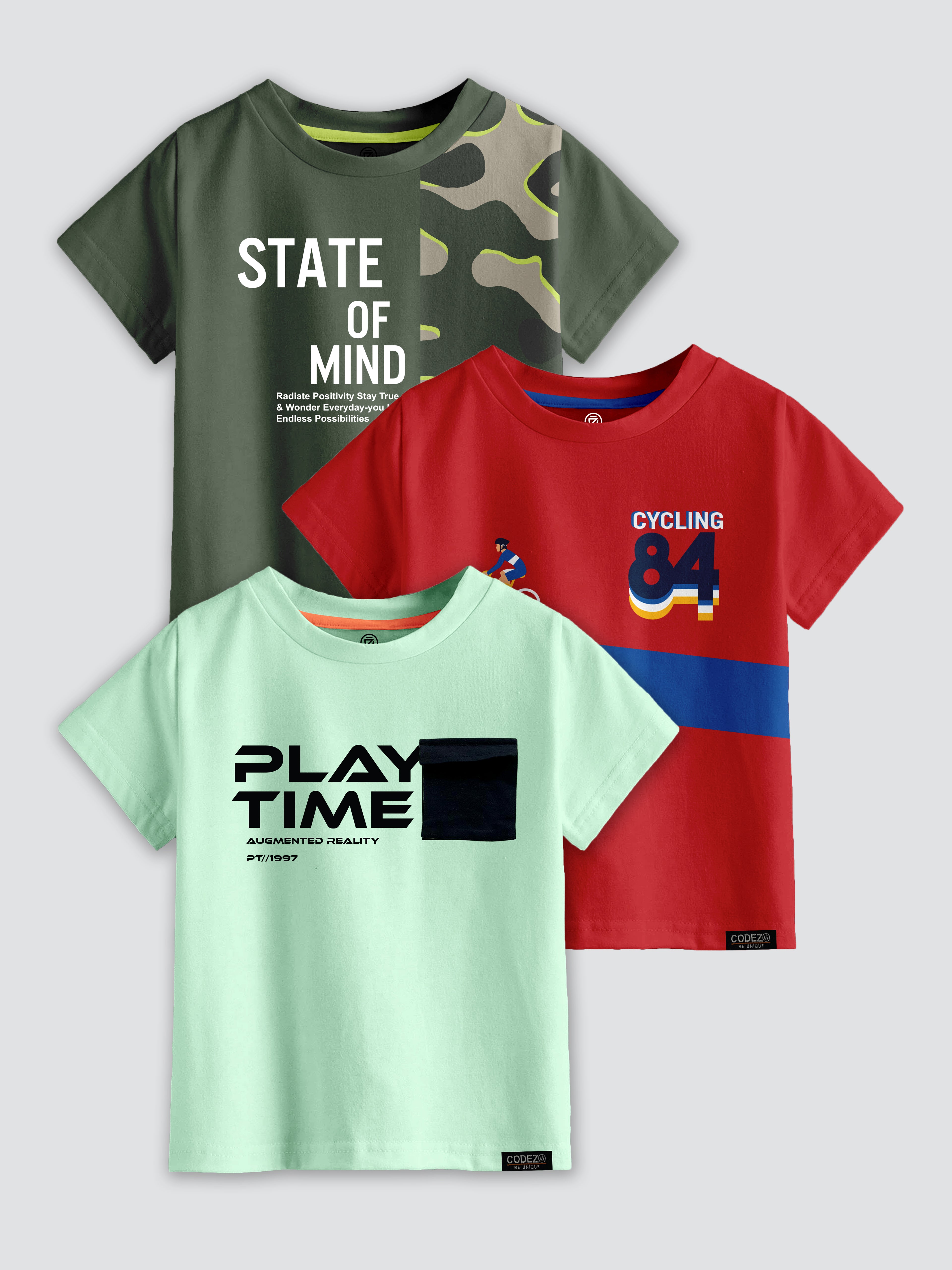 CODEZ Boys Pack Of 3 Round Neck Printed Tshirts