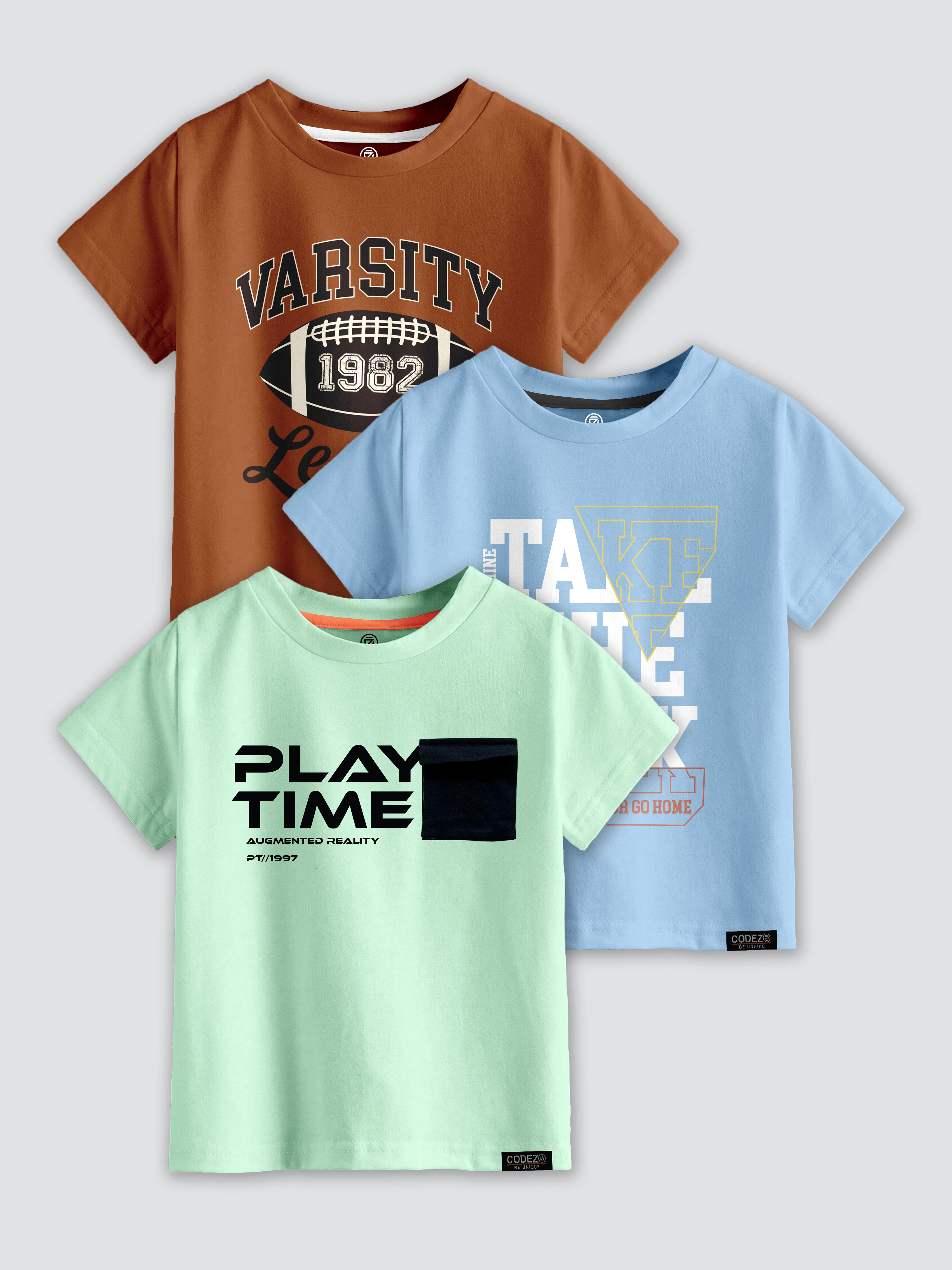 CODEZ Boys Pack Of 3 Round Neck Printed Tshirts