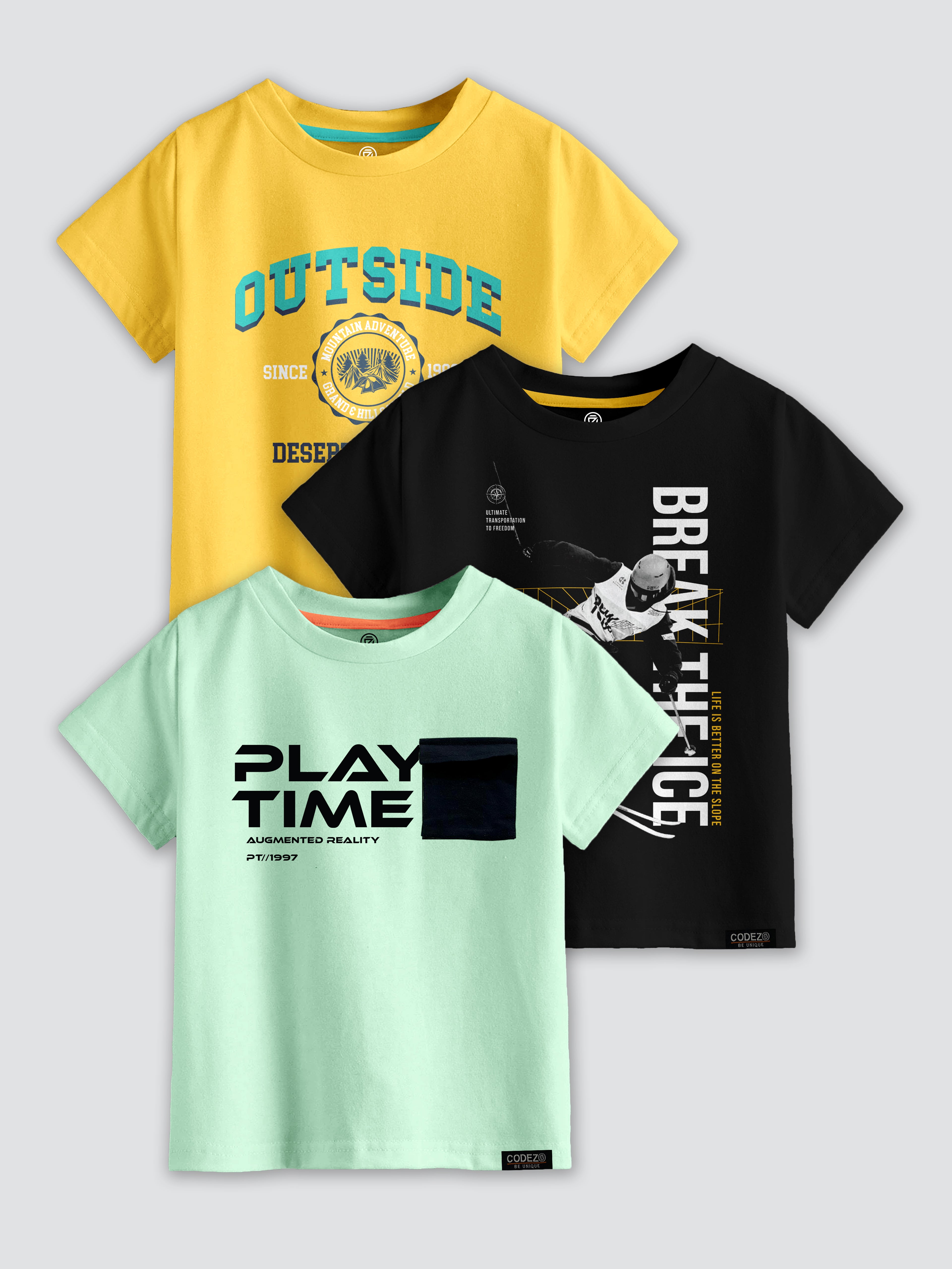 CODEZ Boys Pack Of 3 Round Neck Printed Tshirts
