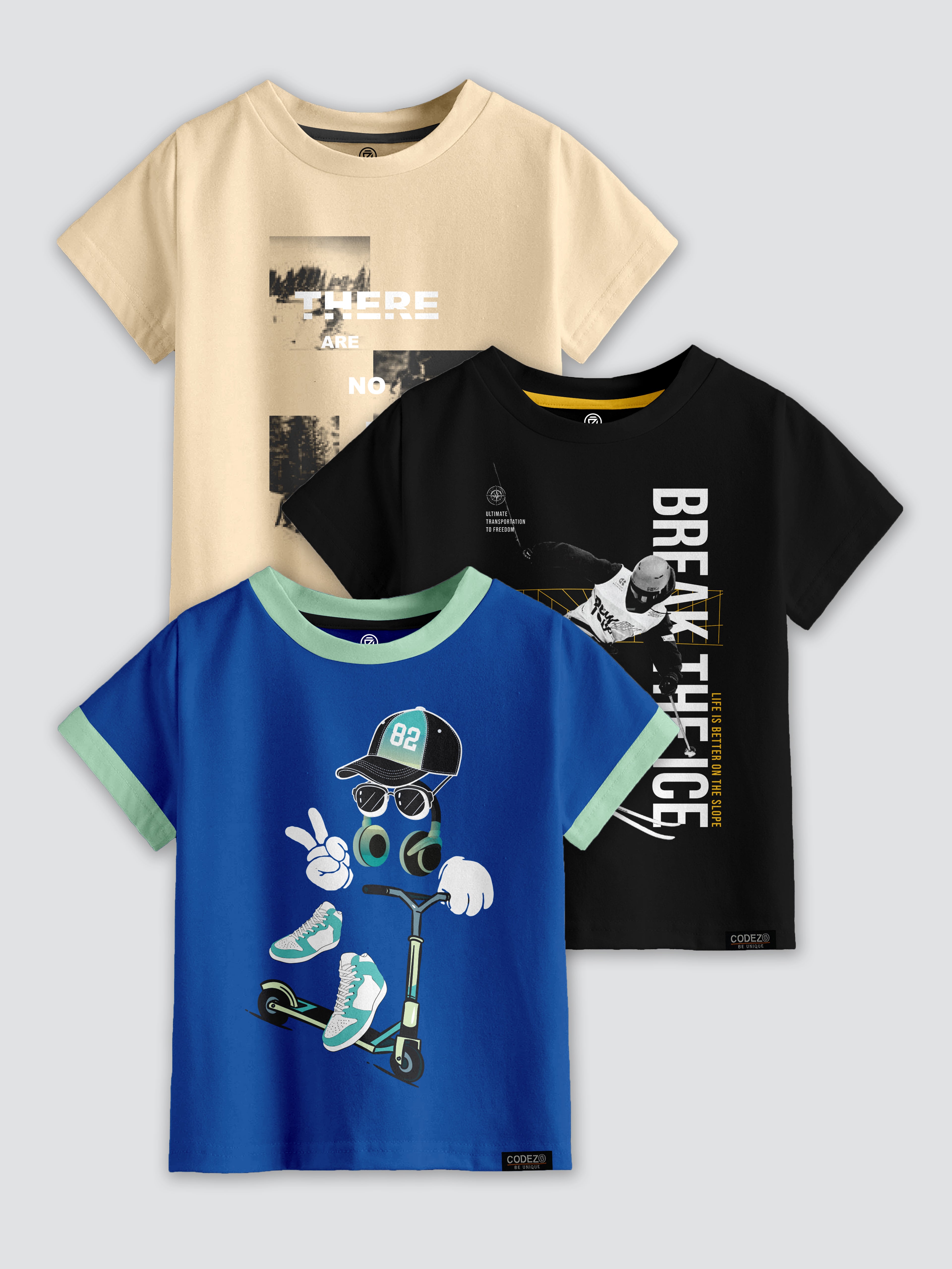 CODEZ Boys Pack Of 3 Round Neck Printed Tshirts