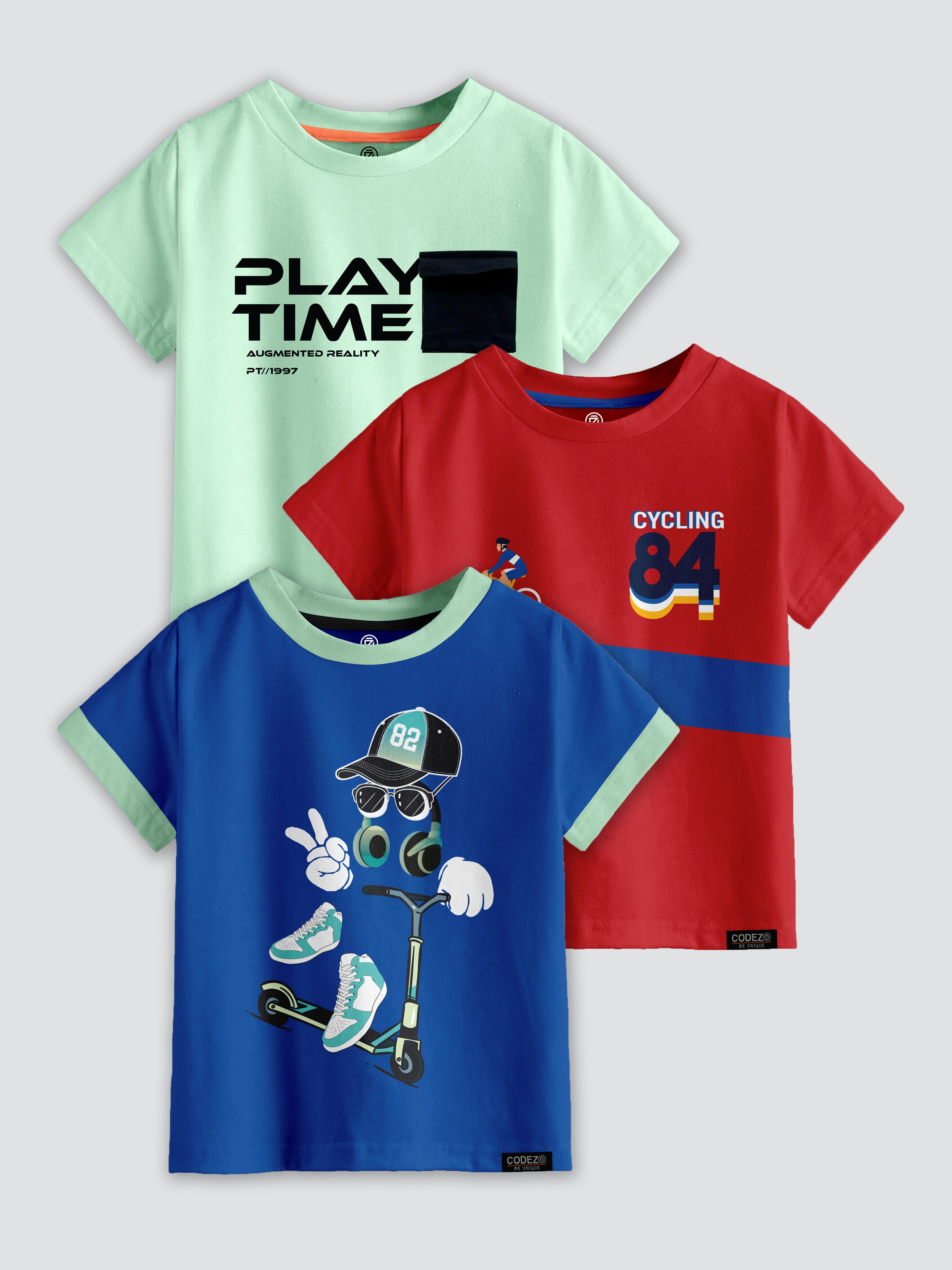 CODEZ Boys Pack Of 3 Round Neck Printed Tshirts