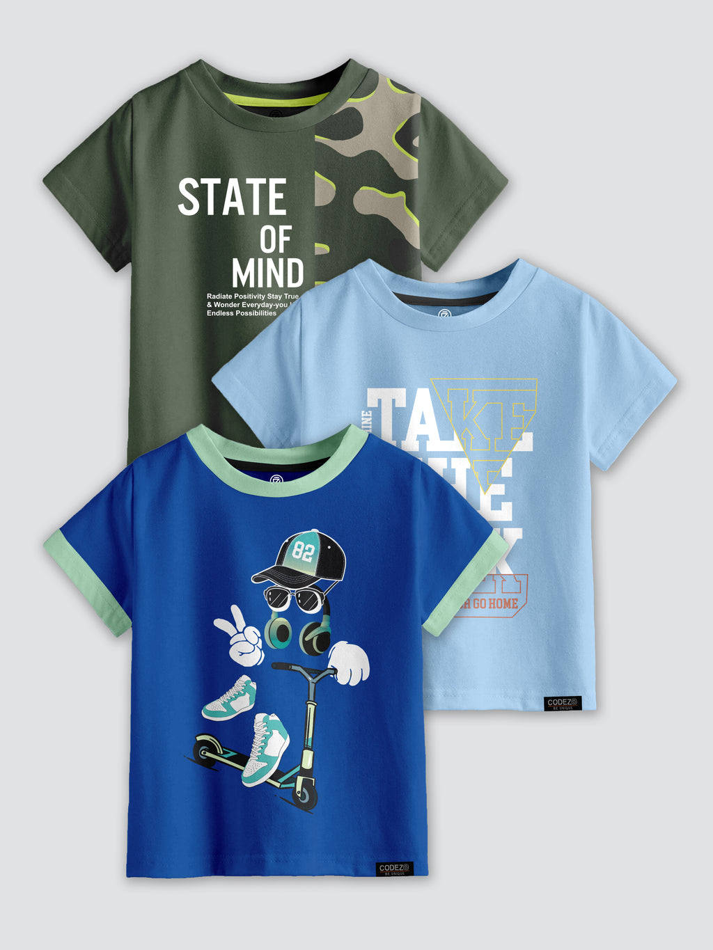 CODEZ Boys Pack Of 3 Round Neck Printed Tshirts