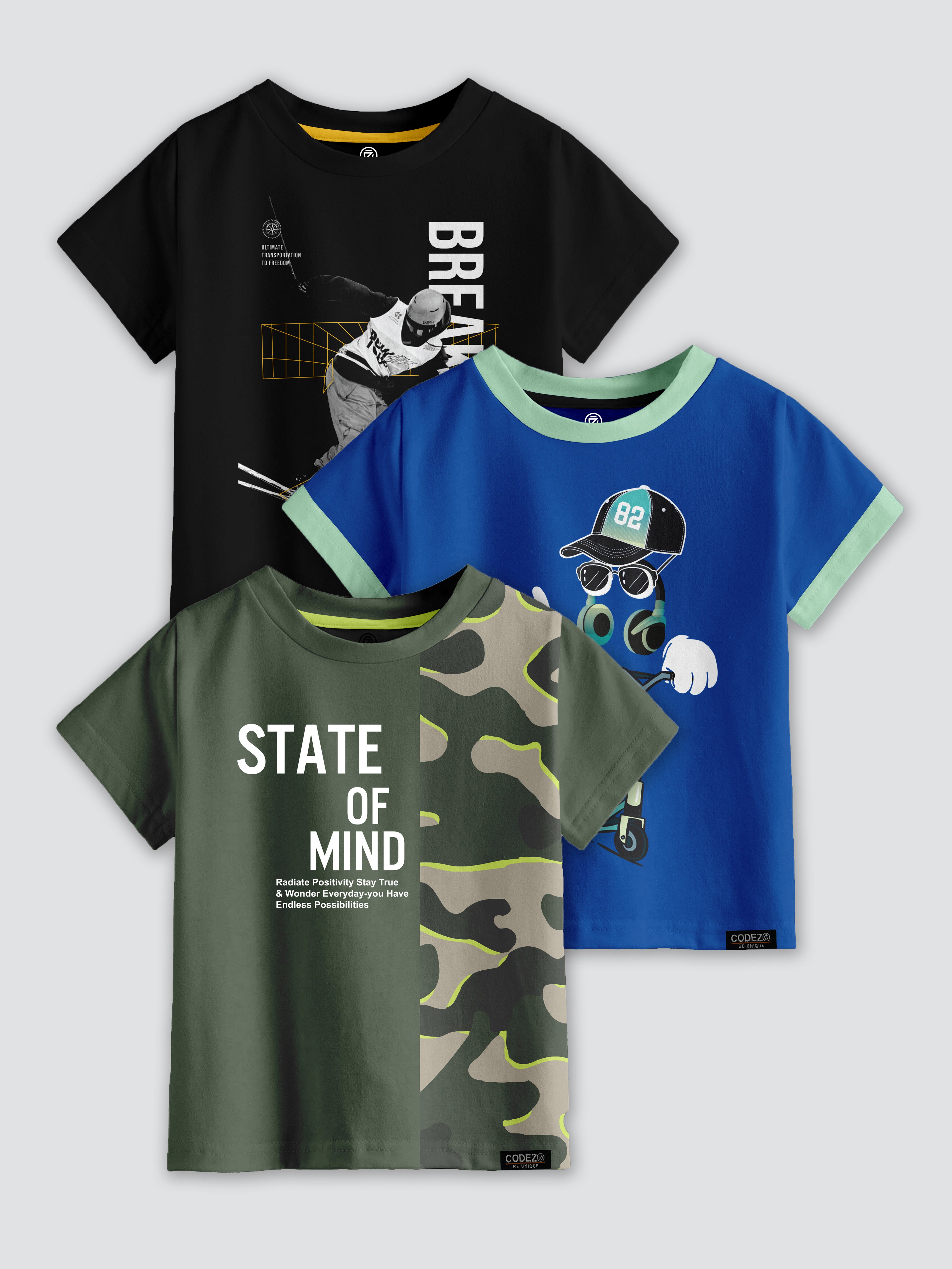 CODEZ Boys Pack Of 3 Round Neck Printed Tshirts