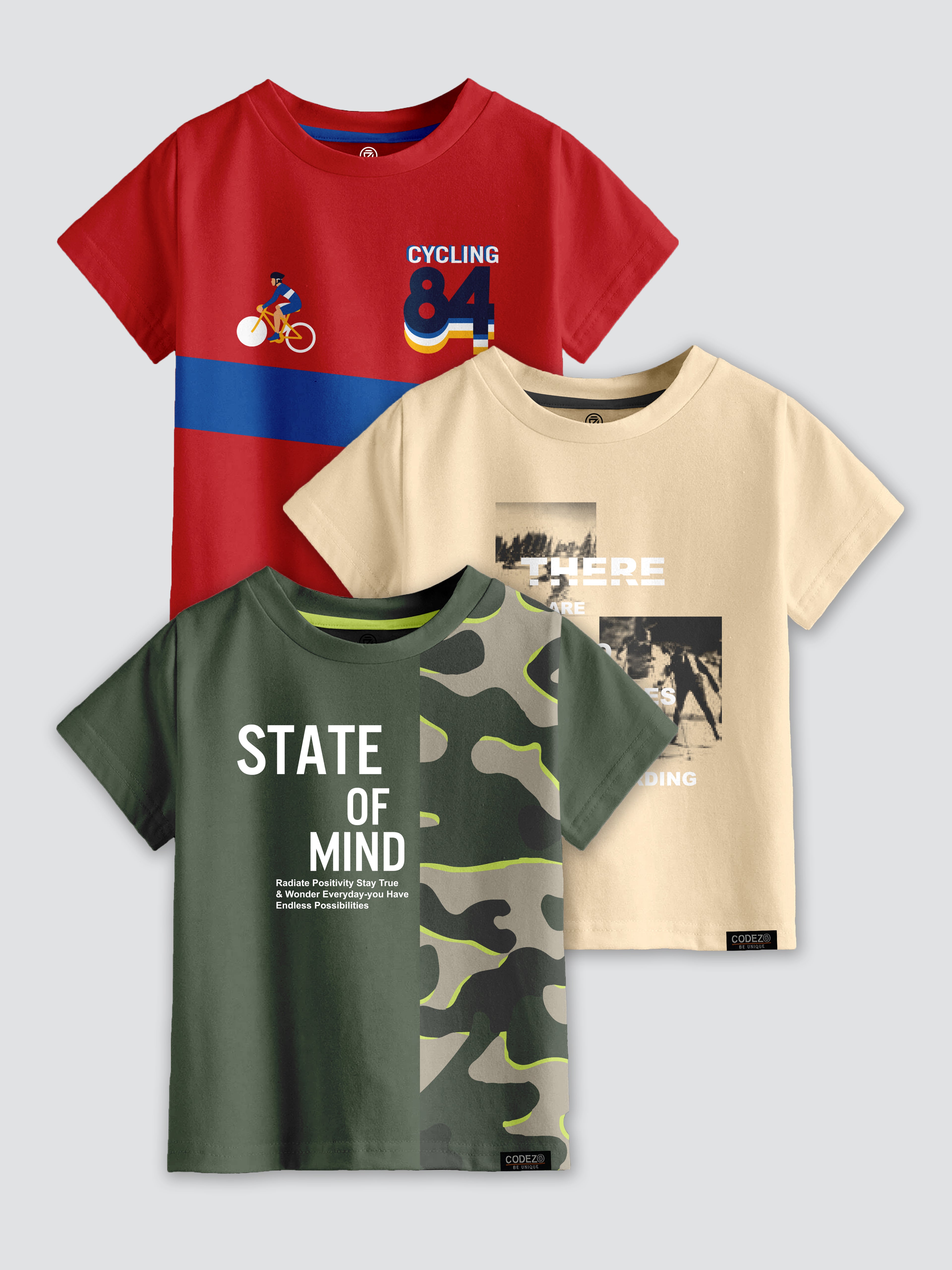 CODEZ Boys Pack Of 3 Round Neck Printed Tshirts