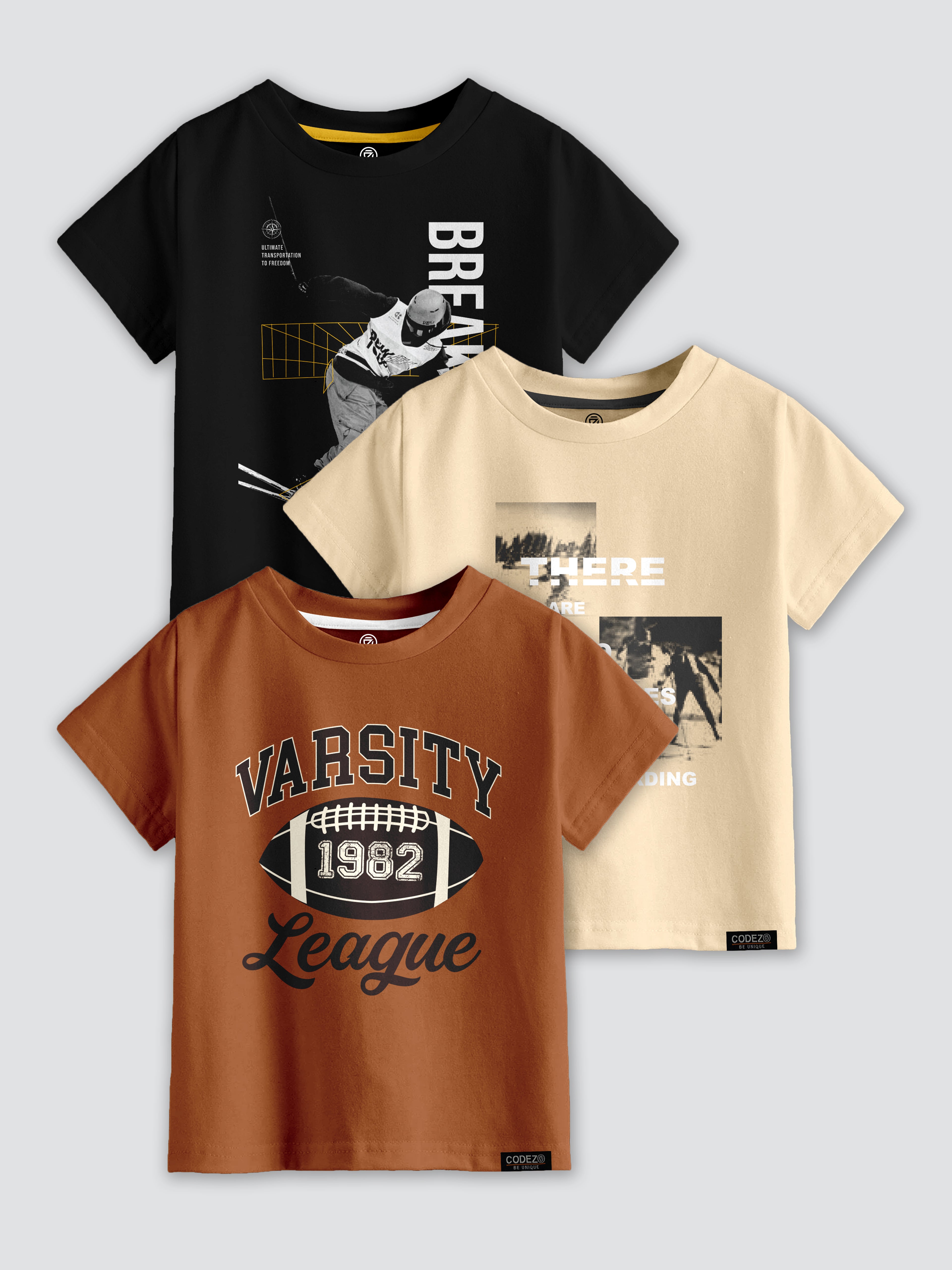 CODEZ Boys Pack Of 3 Round Neck Printed Tshirts
