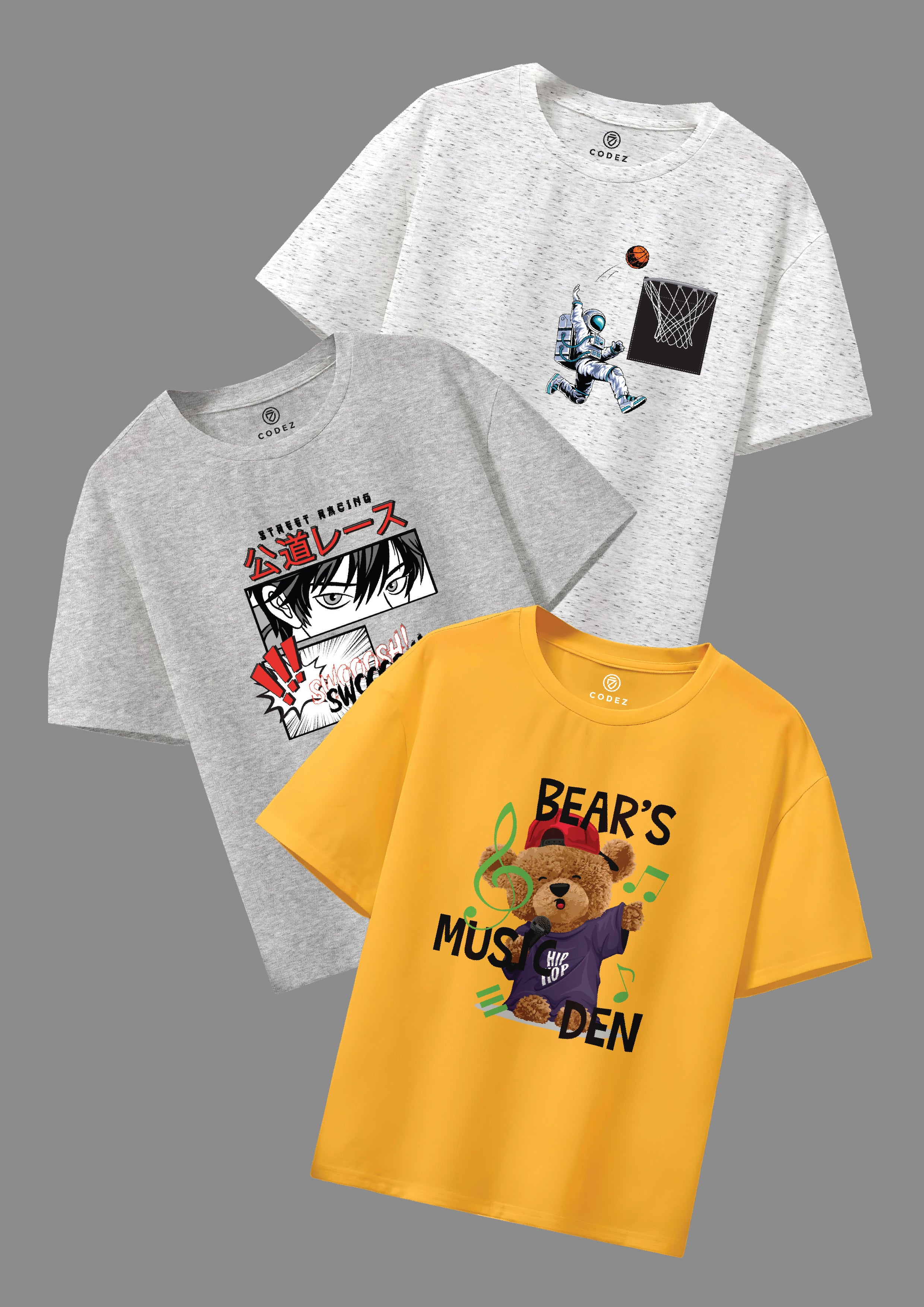 CODEZ Boys Pack Of 3 Round Neck Printed Tshirts