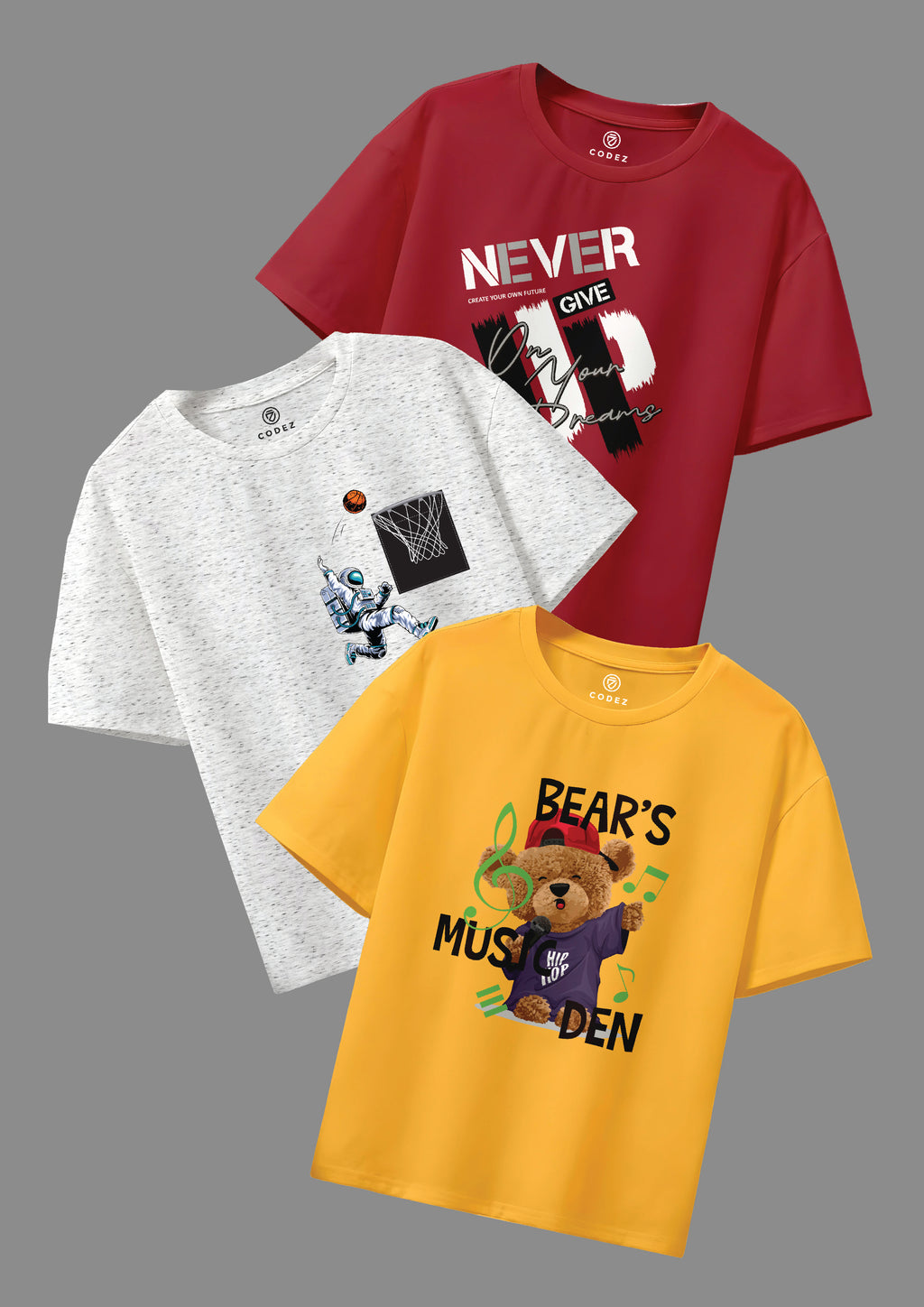 CODEZ Boys Pack Of 3 Round Neck Printed Tshirts