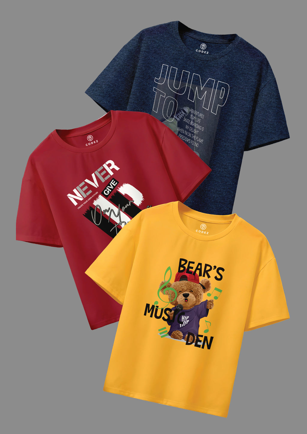 CODEZ Boys Pack Of 3 Round Neck Printed Tshirts