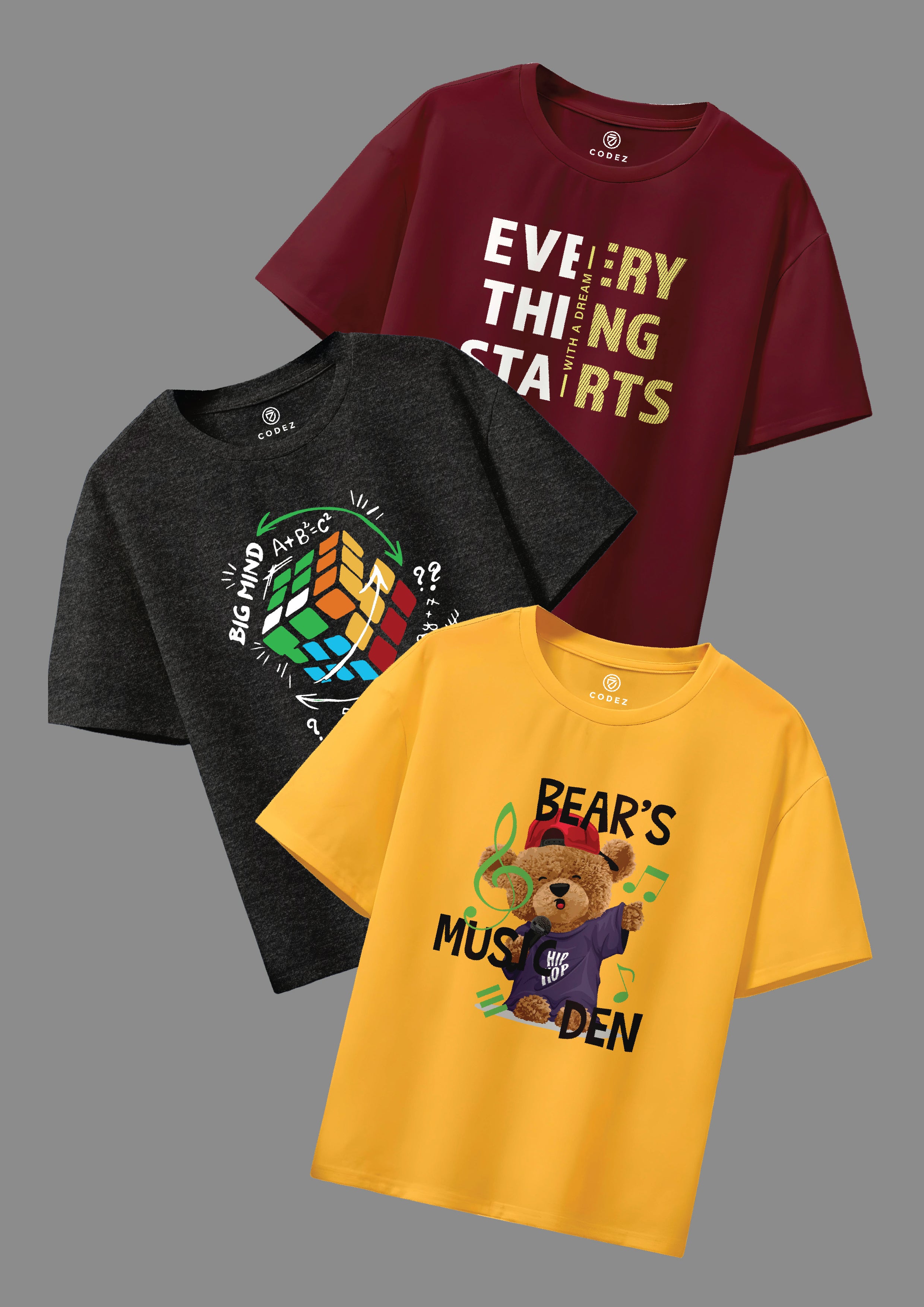 CODEZ Boys Pack Of 3 Round Neck Printed Tshirts
