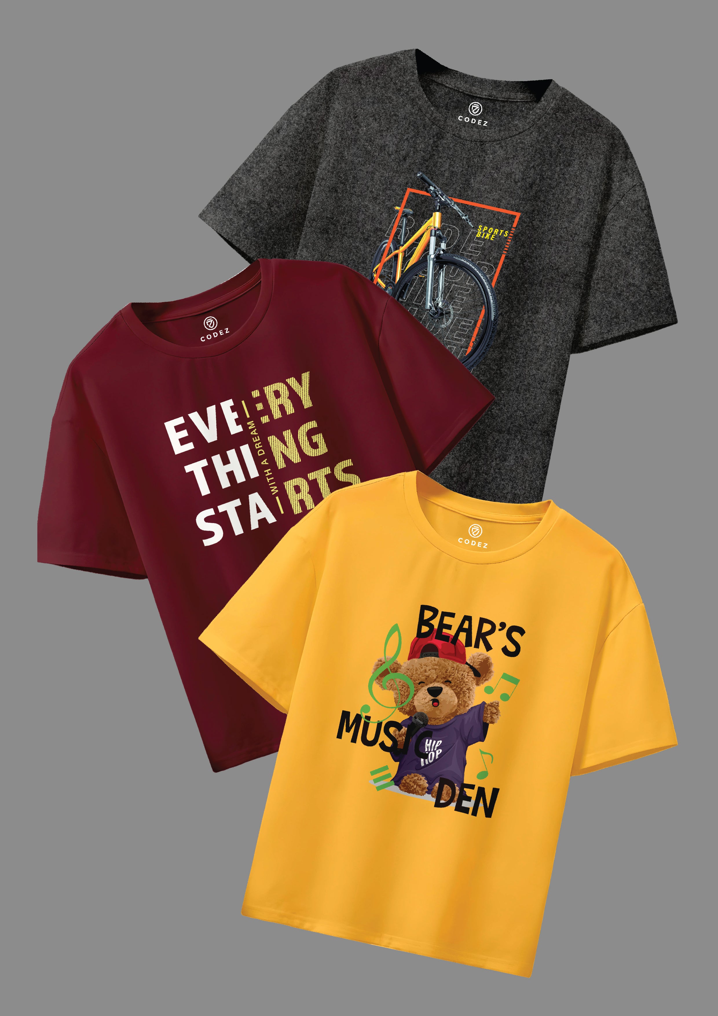 CODEZ Boys Pack Of 3 Round Neck Printed Tshirts