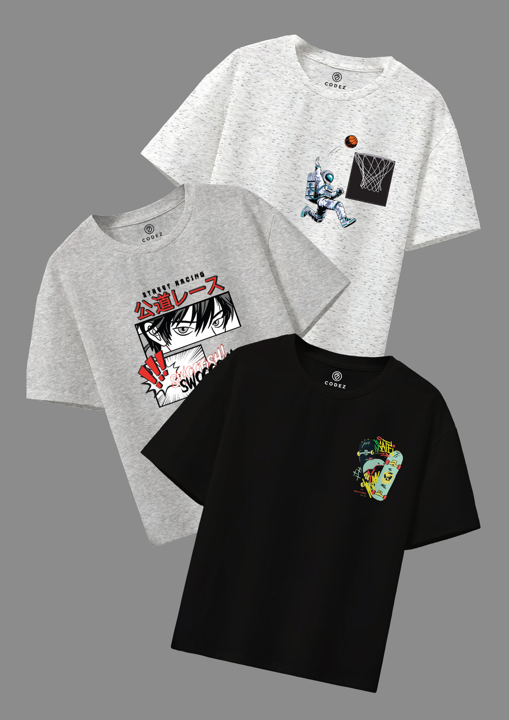 CODEZ Boys Pack Of 3 Round Neck Printed Tshirts