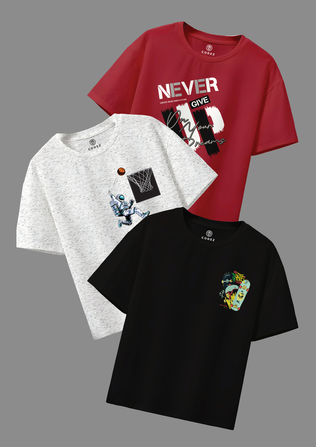 CODEZ Boys Pack Of 3 Round Neck Printed Tshirts