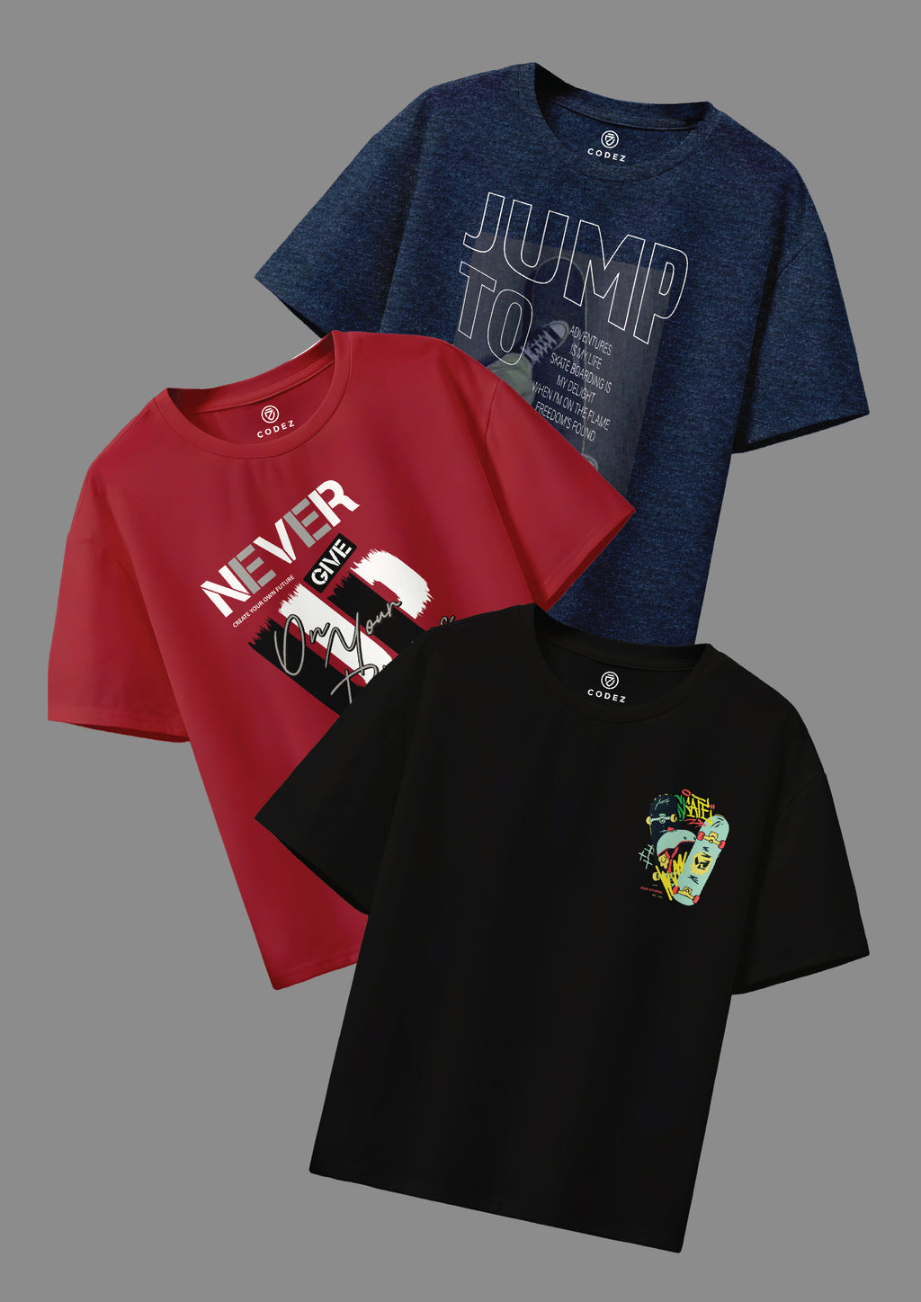 CODEZ Boys Pack Of 3 Round Neck Printed Tshirts