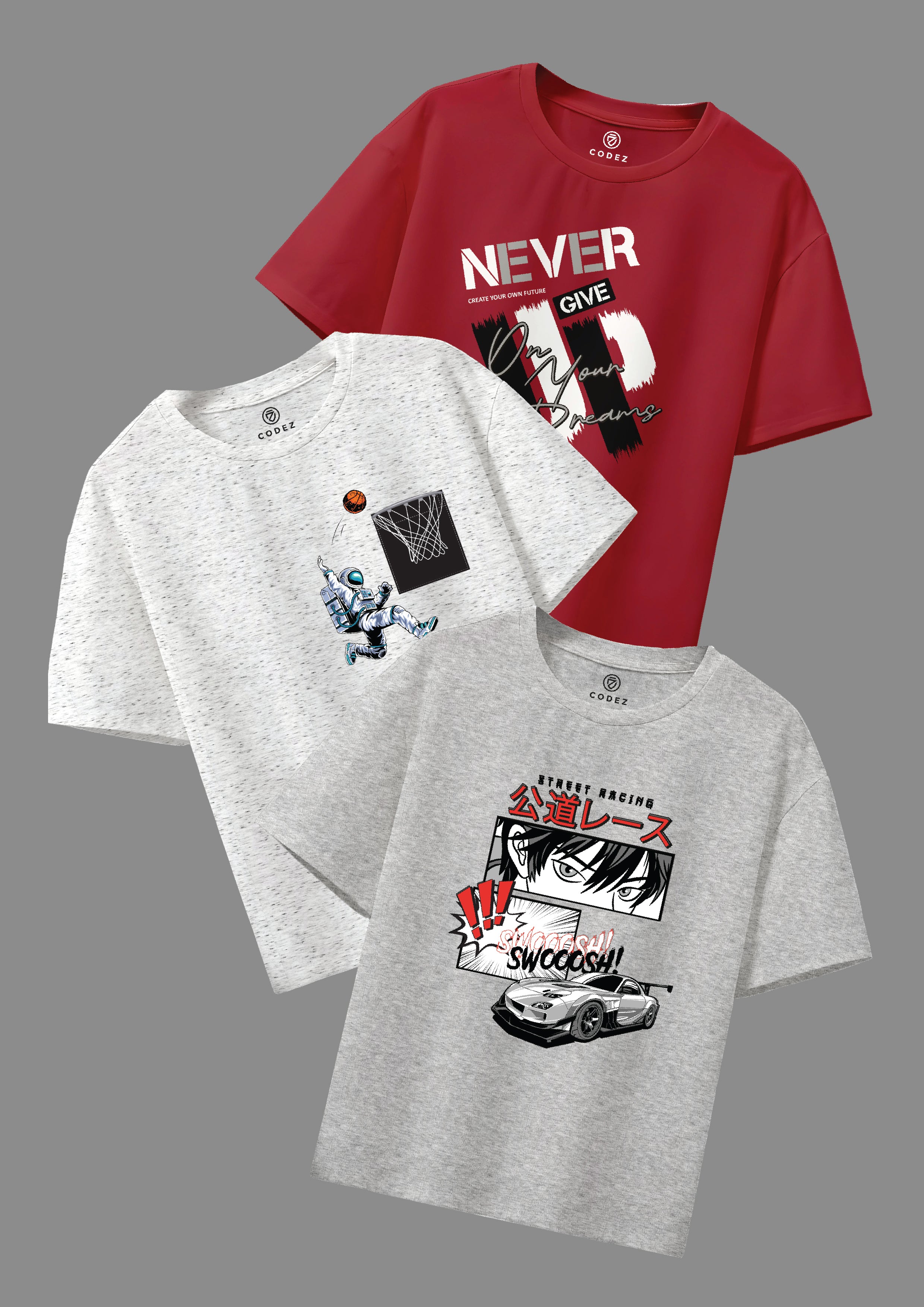 CODEZ Boys Pack Of 3 Round Neck Printed Tshirts