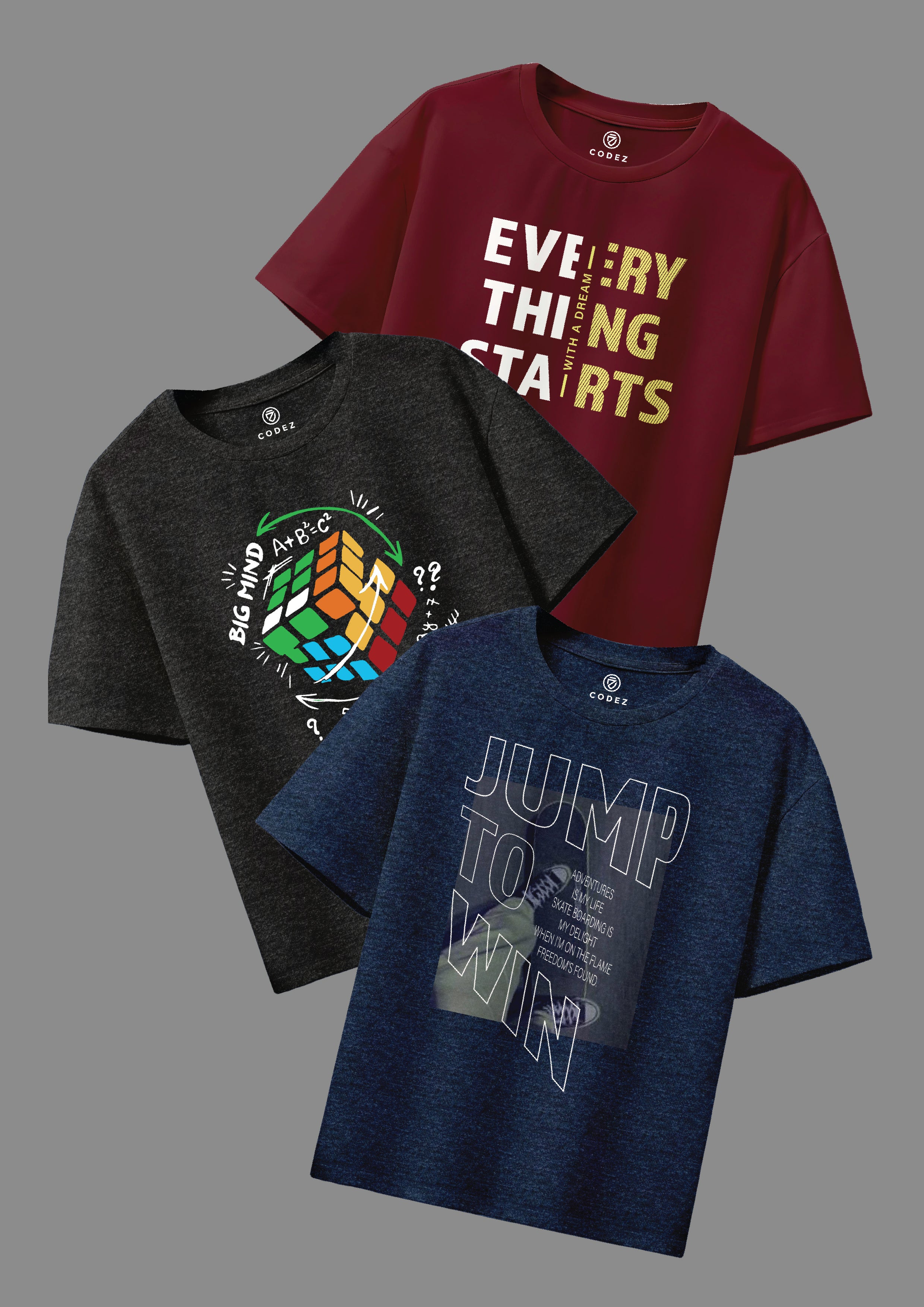 CODEZ Boys Pack Of 3 Round Neck Printed Tshirts