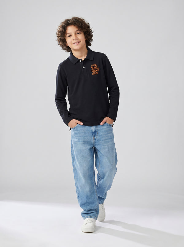 CODEZ Boys Black Regular Fit Full Sleeve Polo T-Shirt
