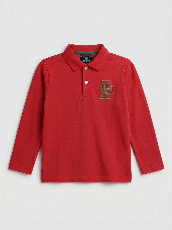 CODEZ Boys Red Regular Fit Full Sleeve Polo T-Shirt