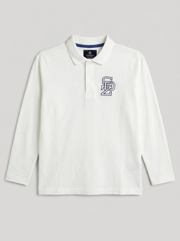 CODEZ Boys White Regular Fit Full Sleeve Polo T-Shirt