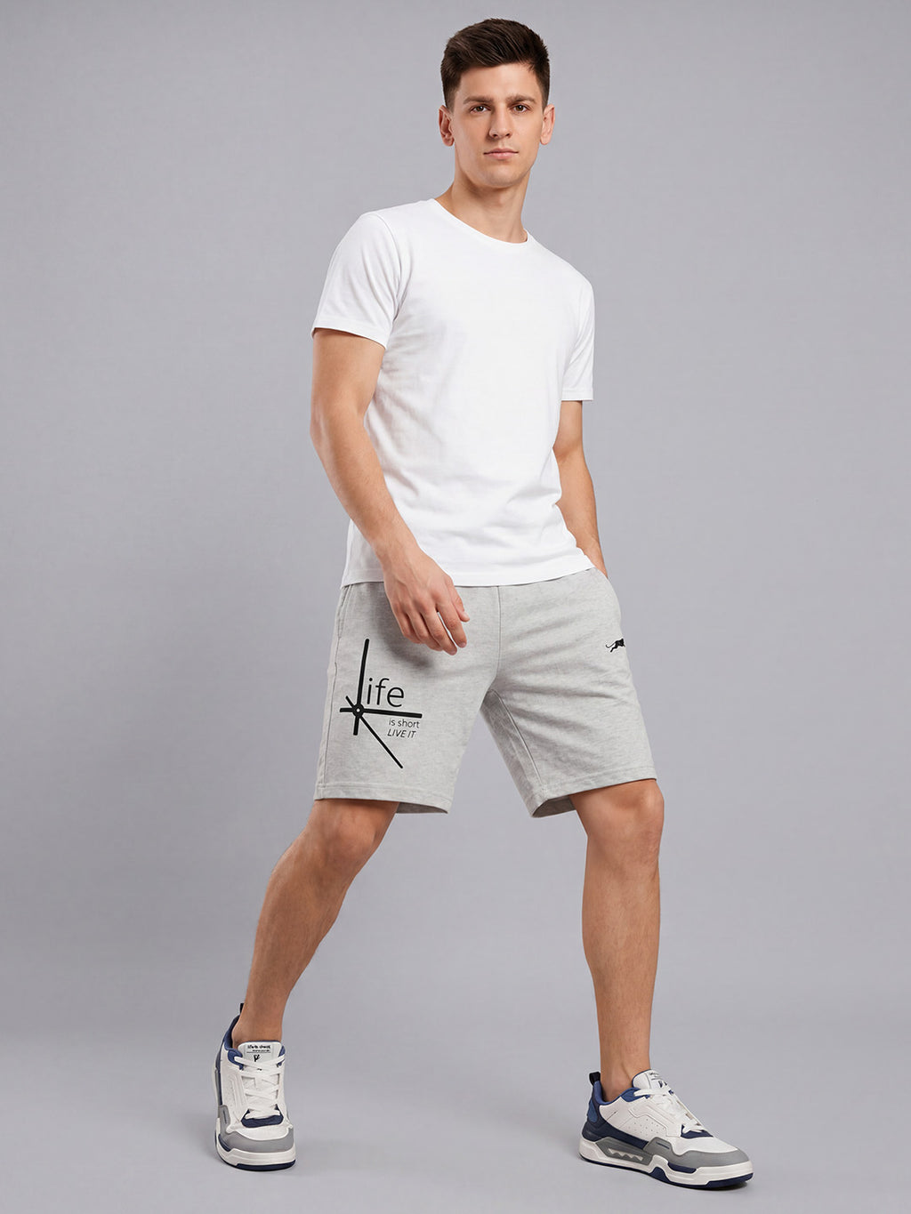 ARDEUR ZEAL IN YOU Men's White Melange Regular Fit Life Is Short Typography Shorts
