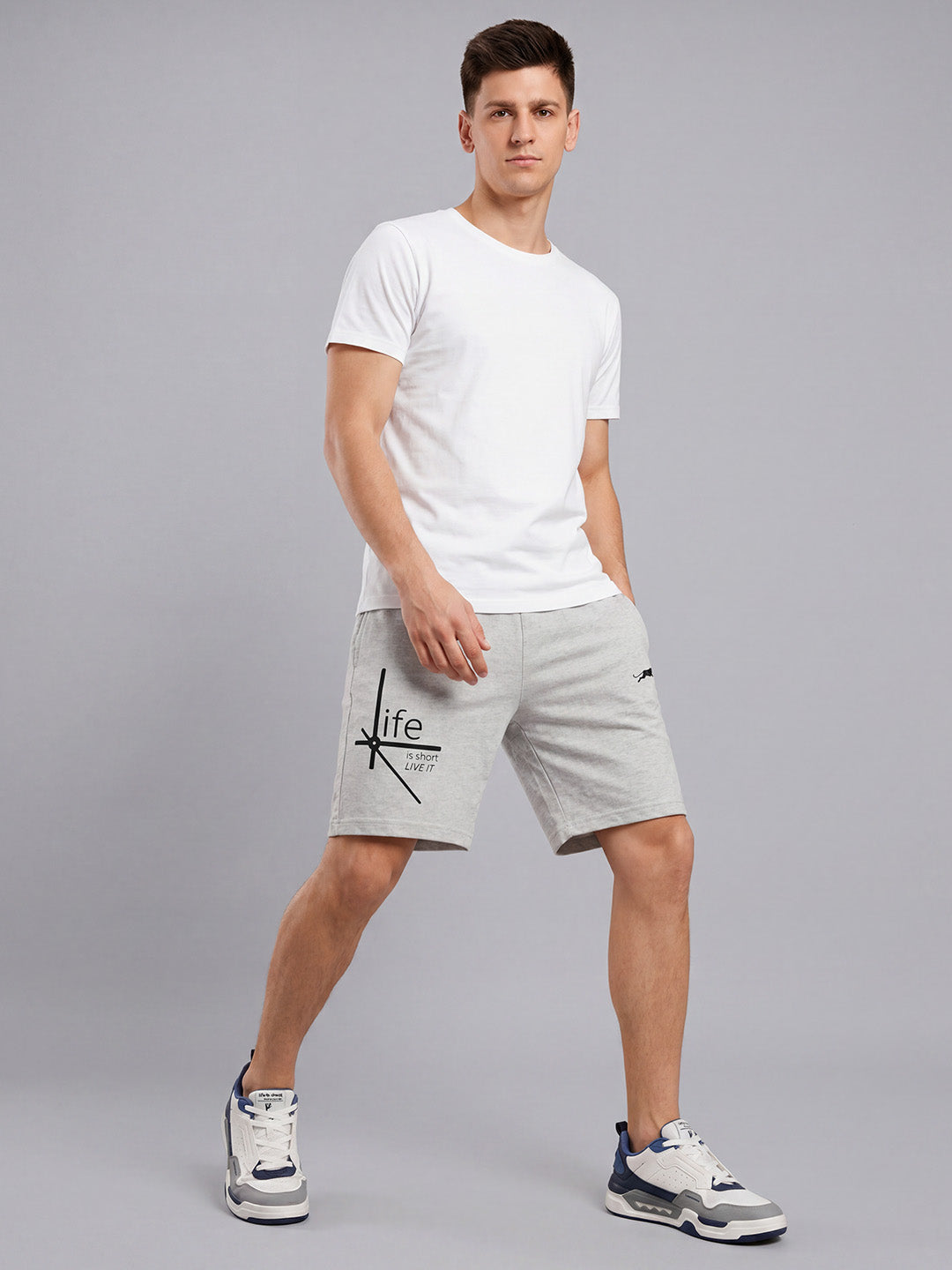 ARDEUR ZEAL IN YOU Men's White Melange Regular Fit Life Is Short Typography Shorts