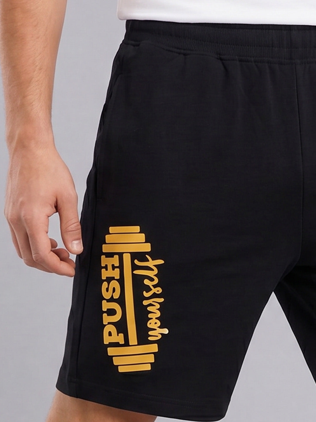 ARDEUR ZEAL IN YOU Men's Black Regular Fit Push Yourself Dumbbell Typography Shorts