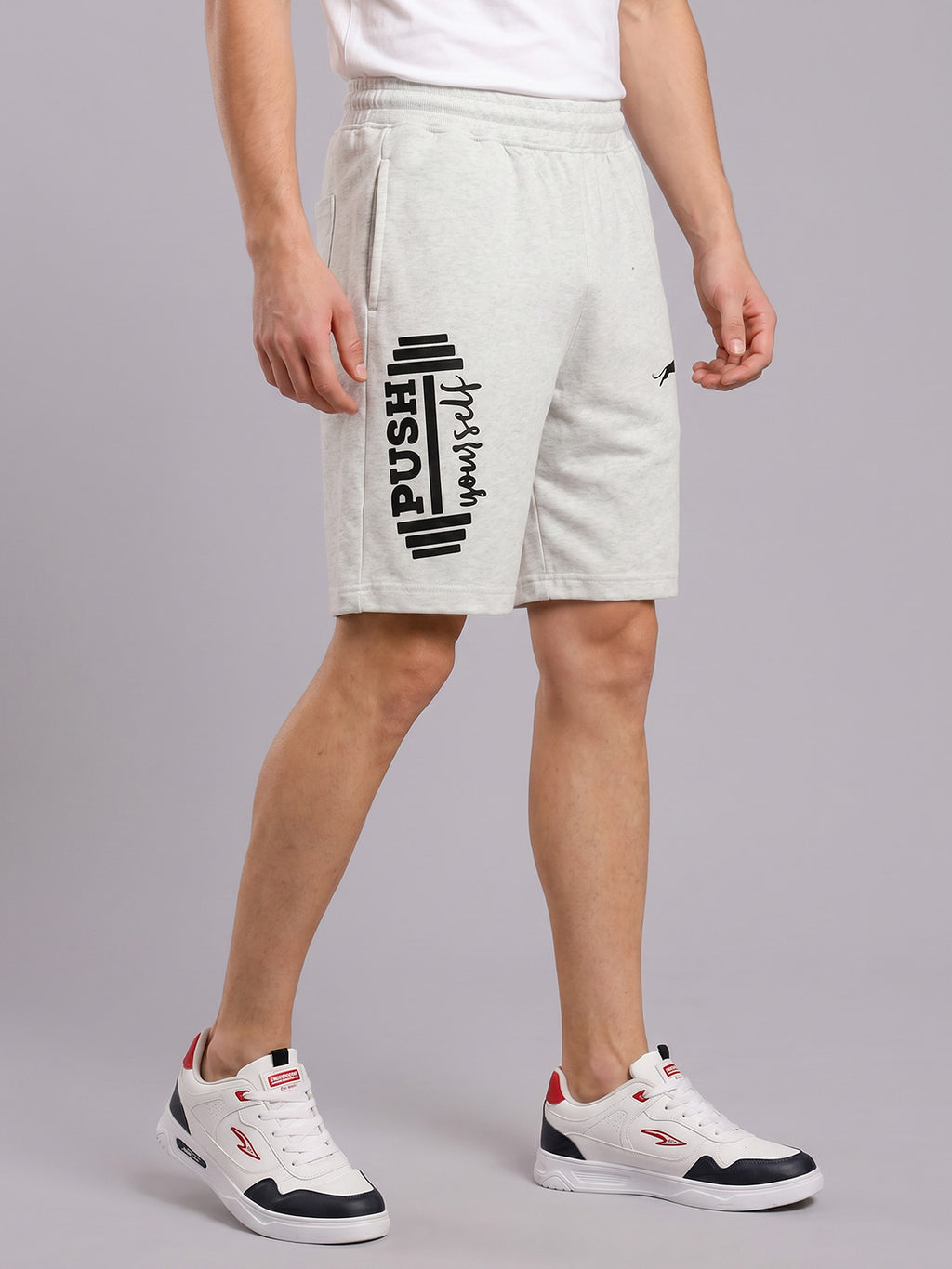 ARDEUR ZEAL IN YOU Men's White Melange Regular Fit Push Yourself Dumbbell Typography Shorts