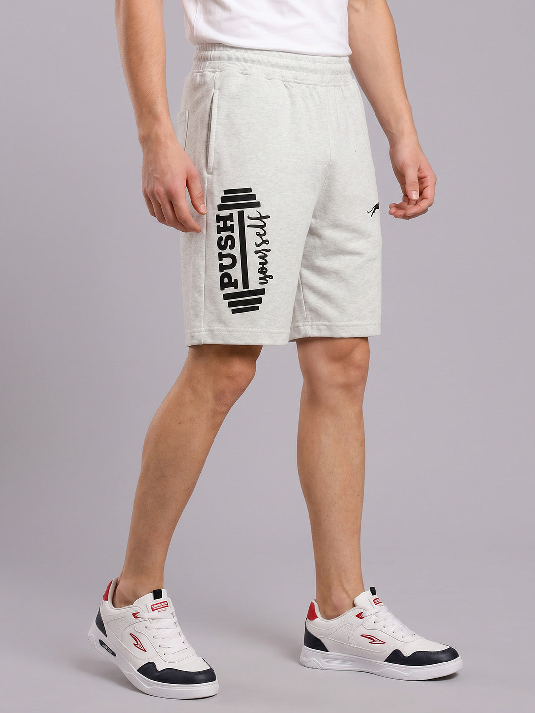 ARDEUR ZEAL IN YOU Men's White Melange Regular Fit Push Yourself Dumbbell Typography Shorts