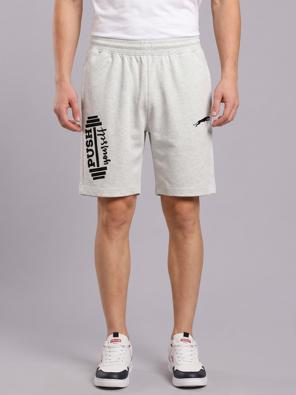 ARDEUR ZEAL IN YOU Men's White Melange Regular Fit Push Yourself Dumbbell Typography Shorts