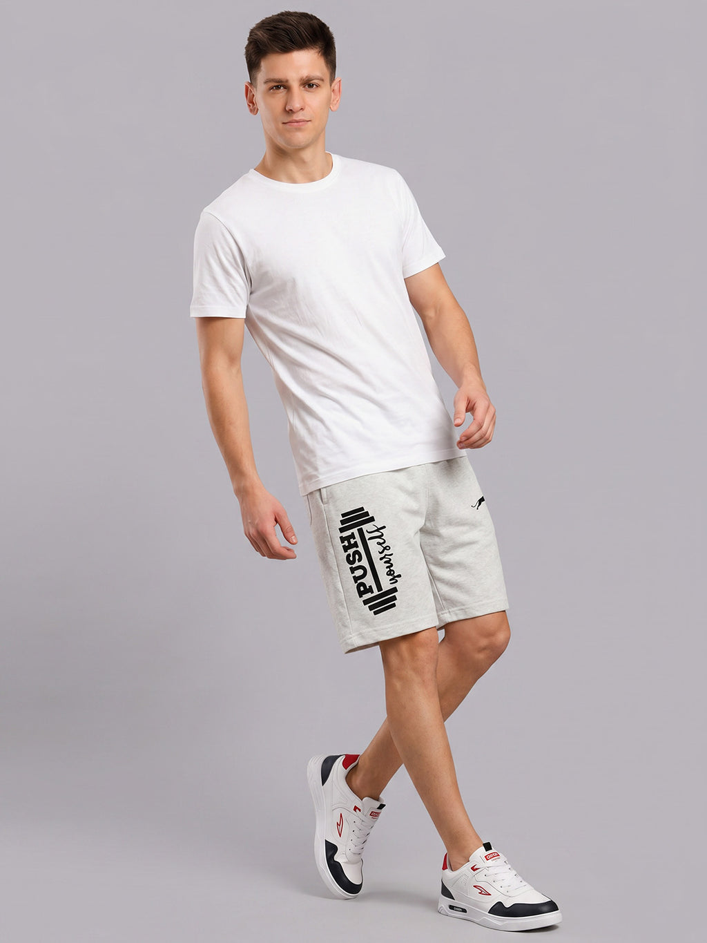 ARDEUR ZEAL IN YOU Men's White Melange Regular Fit Push Yourself Dumbbell Typography Shorts