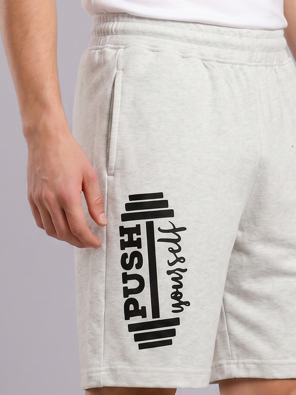 ARDEUR ZEAL IN YOU Men's White Melange Regular Fit Push Yourself Dumbbell Typography Shorts