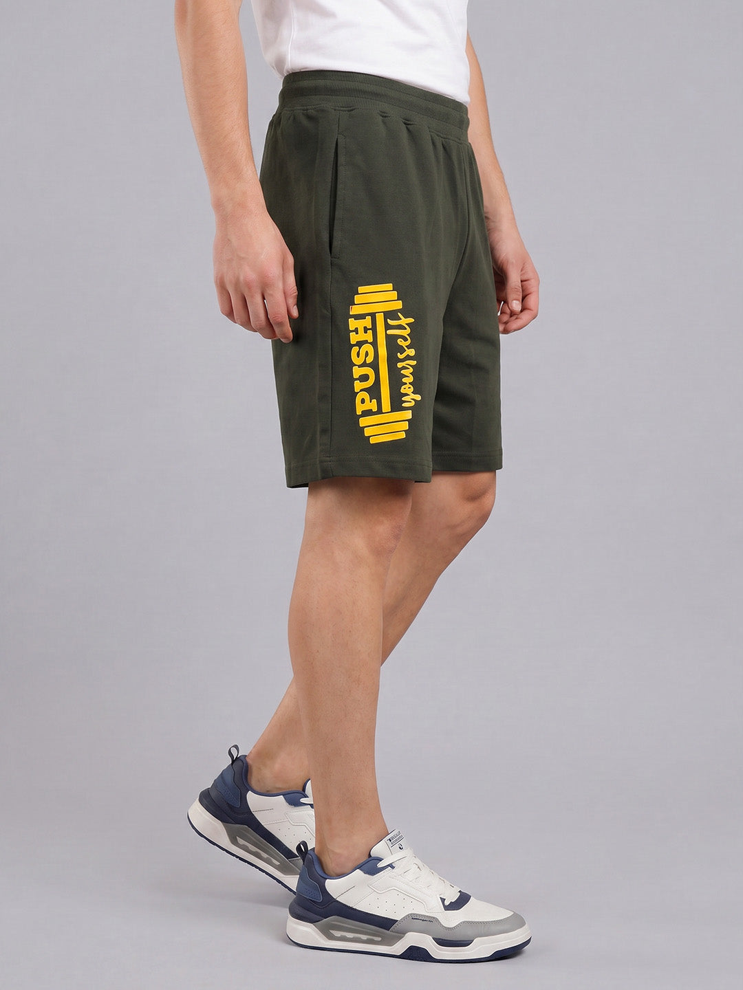 ARDEUR ZEAL IN YOU Men's Olive Regular Fit Push Yourself Dumbbell Typography Shorts