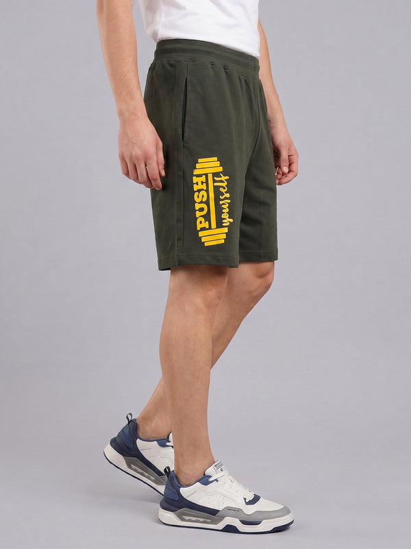 ARDEUR ZEAL IN YOU Men's Olive Regular Fit Push Yourself Dumbbell Typography Shorts