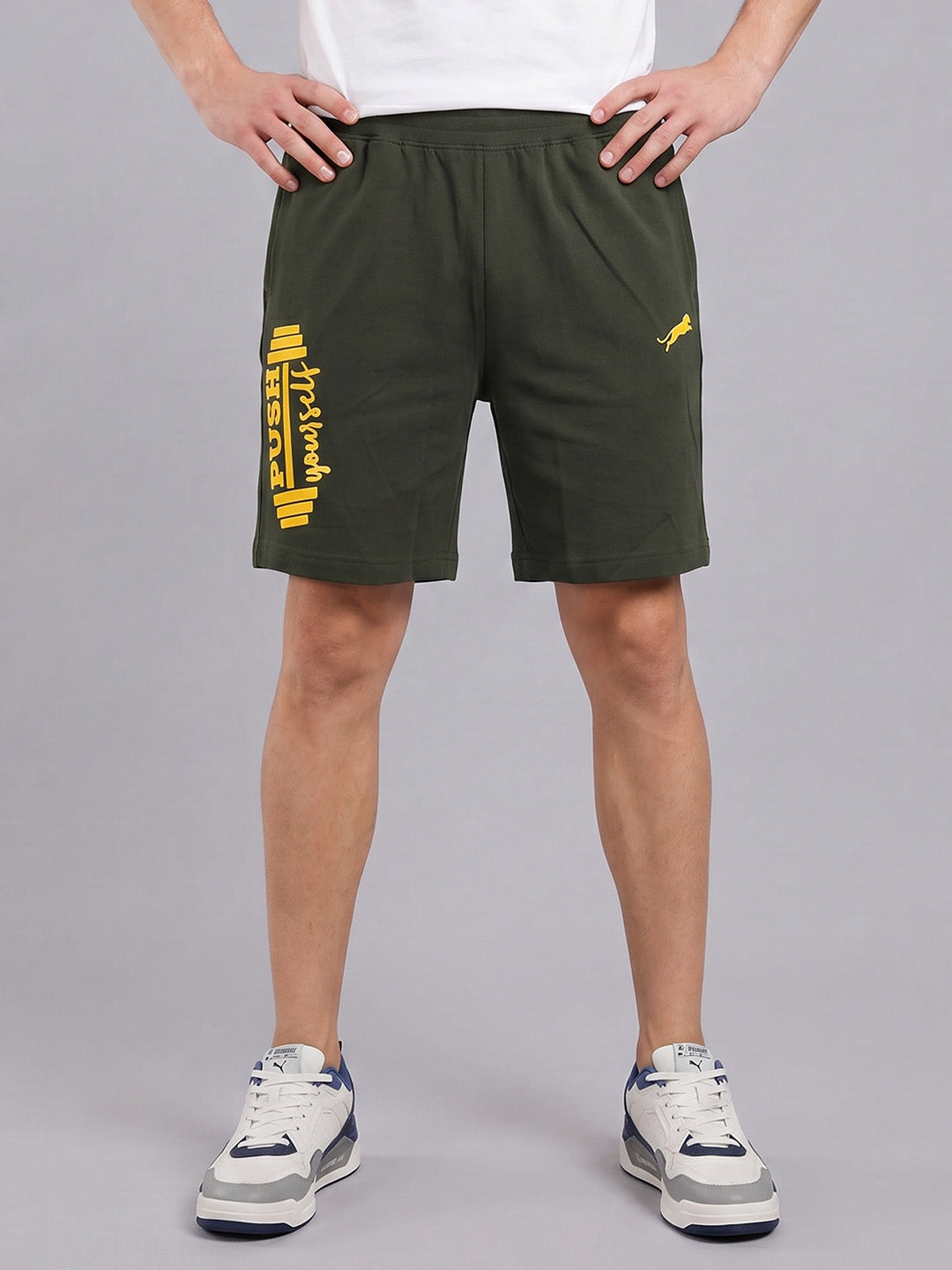 ARDEUR ZEAL IN YOU Men's Olive Regular Fit Push Yourself Dumbbell Typography Shorts