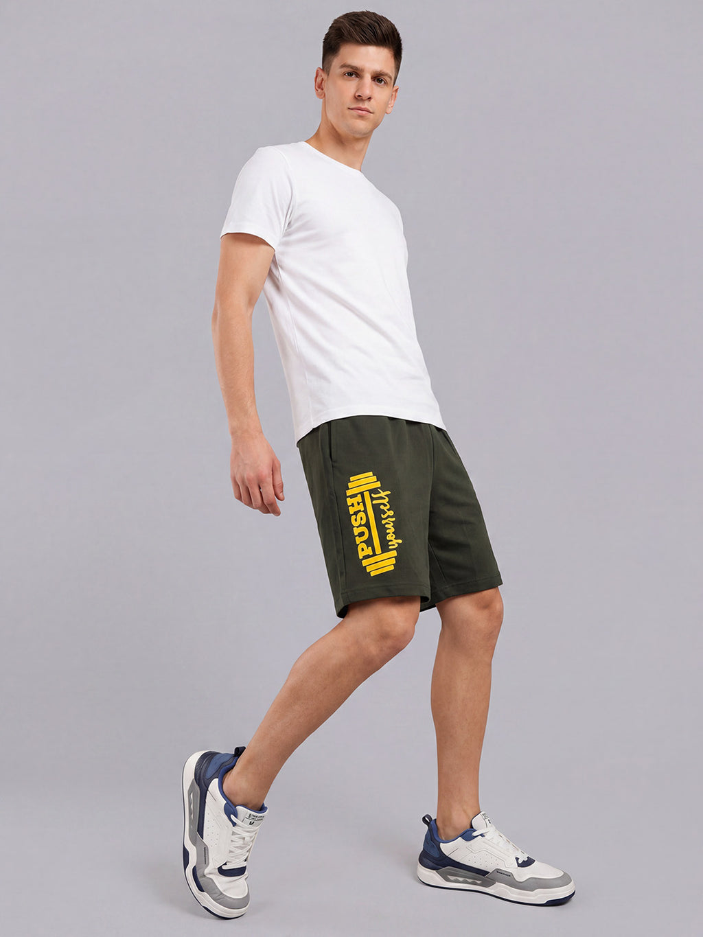 ARDEUR ZEAL IN YOU Men's Olive Regular Fit Push Yourself Dumbbell Typography Shorts