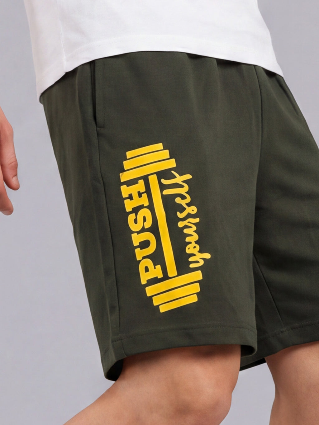 ARDEUR ZEAL IN YOU Men's Olive Regular Fit Push Yourself Dumbbell Typography Shorts
